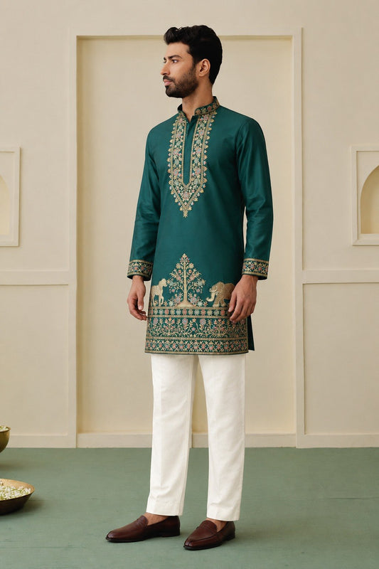 Teal Green Coach Silk Multi-Sequence & Zari Embroidered Men's Kurta Pant Set
