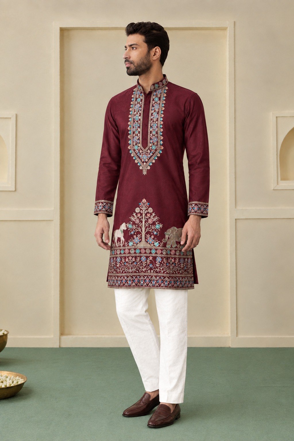Maroon Coach Silk Multi-Sequence & Zari Embroidered Men's Kurta Pant Set