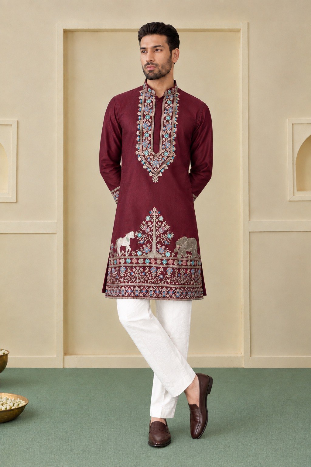 Maroon Coach Silk Multi-Sequence & Zari Embroidered Men's Kurta Pant Set