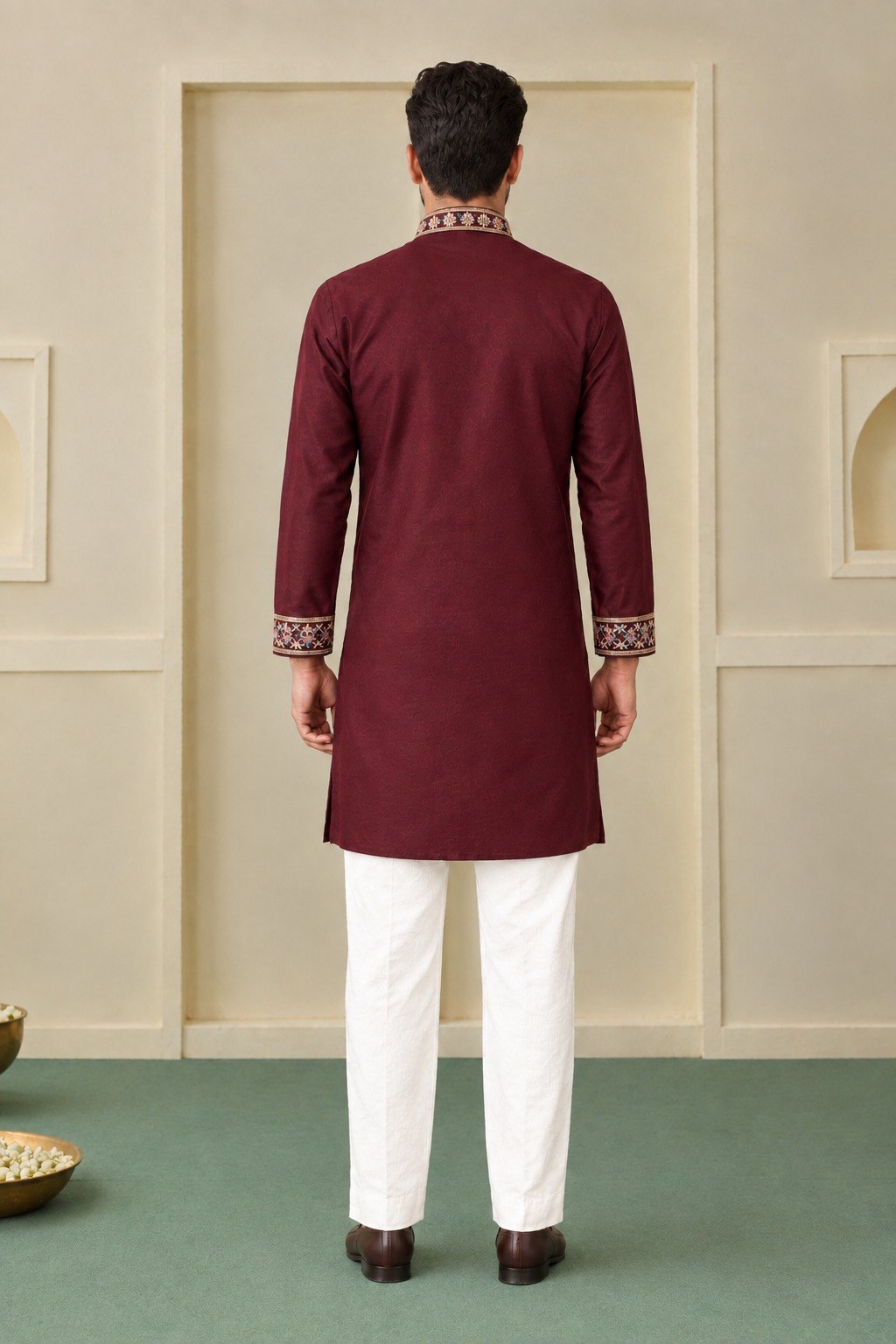 Maroon Coach Silk Multi-Sequence & Zari Embroidered Men's Kurta Pant Set