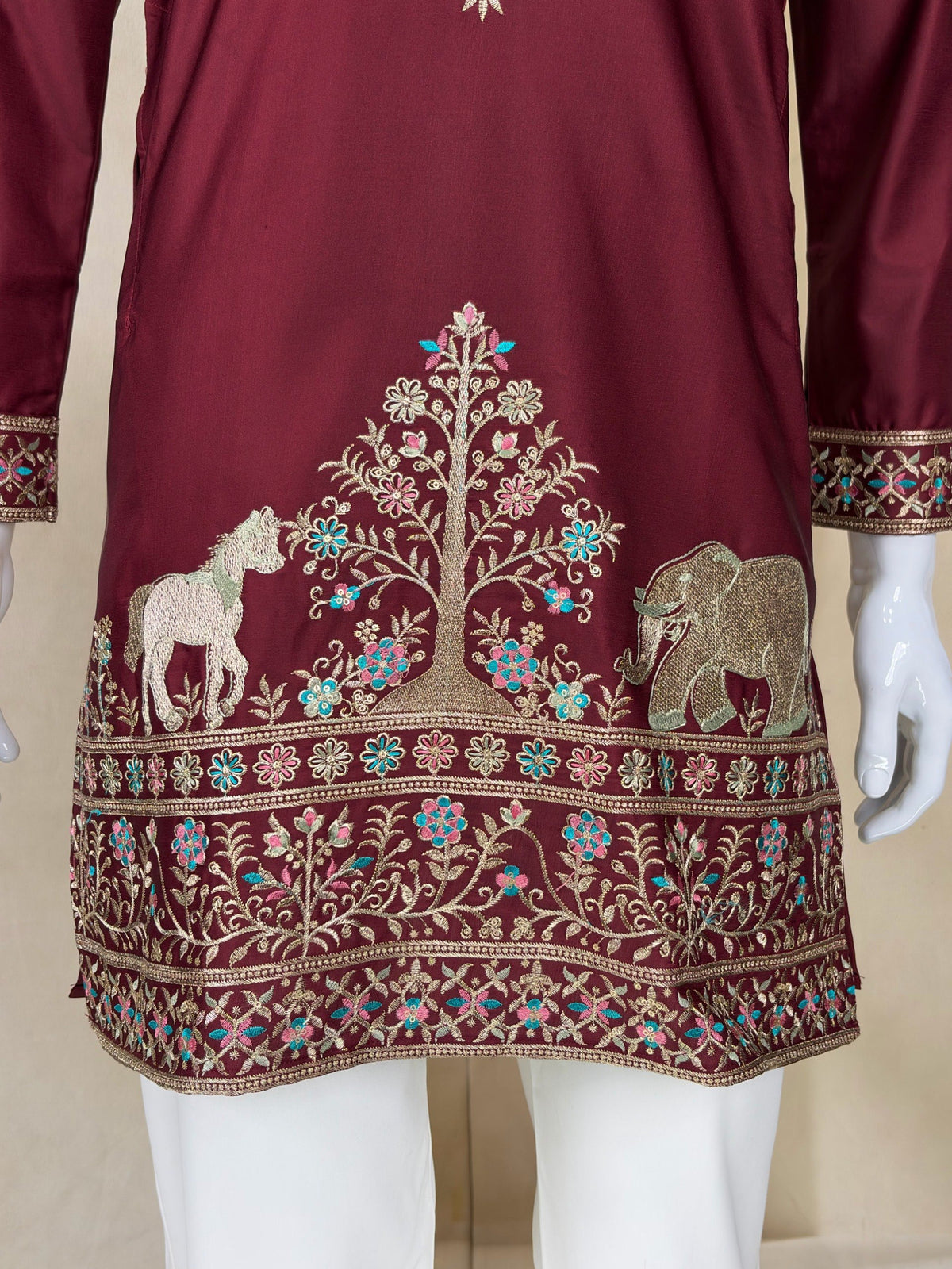 Maroon Coach Silk Multi-Sequence & Zari Embroidered Men's Kurta Pant Set