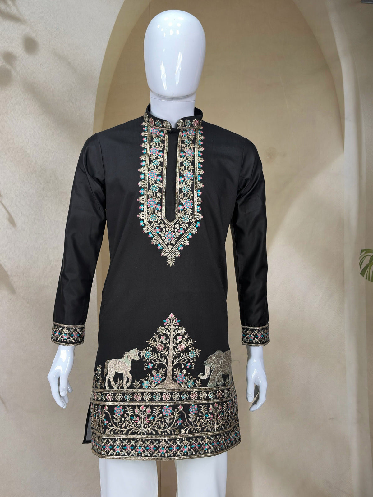 Black Coach Silk Sequence & Zari Embroidered Men's Kurta Set