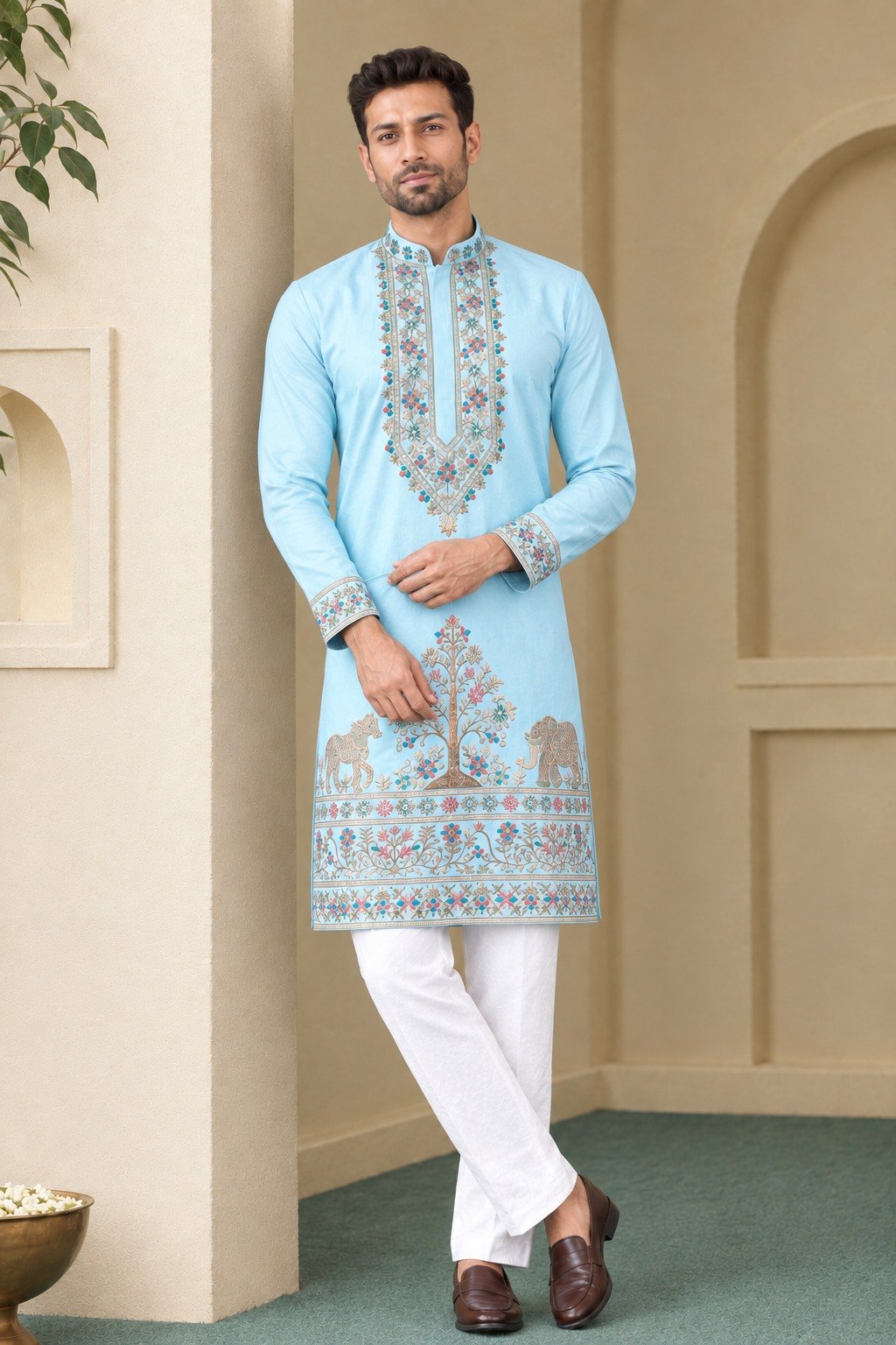 Designer Sky Blue Coach Silk Heavy Sequence & Zari Embroidery Work Kurta & Pant Set