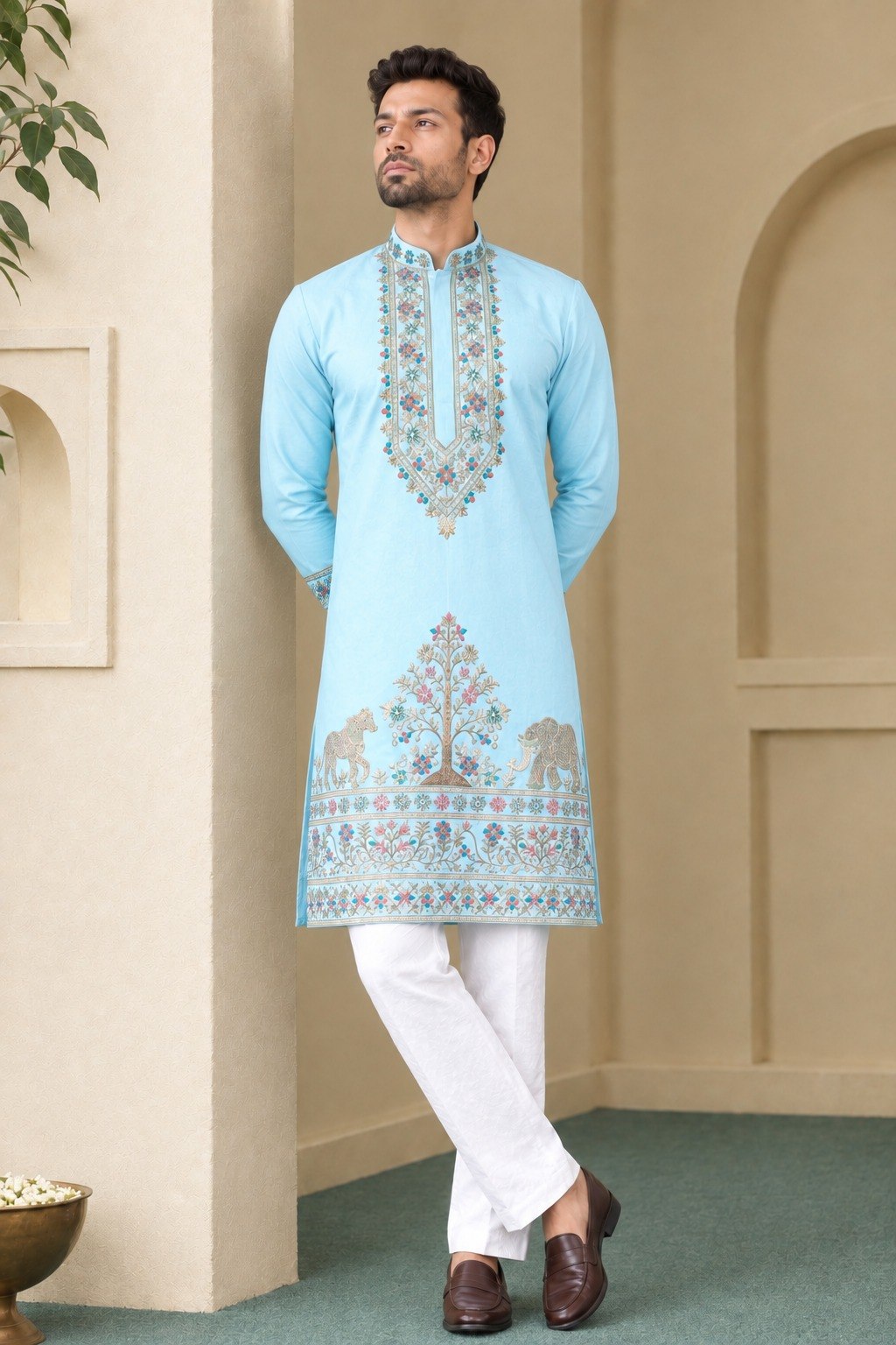 Designer Sky Blue Coach Silk Heavy Sequence & Zari Embroidery Work Kurta & Pant Set