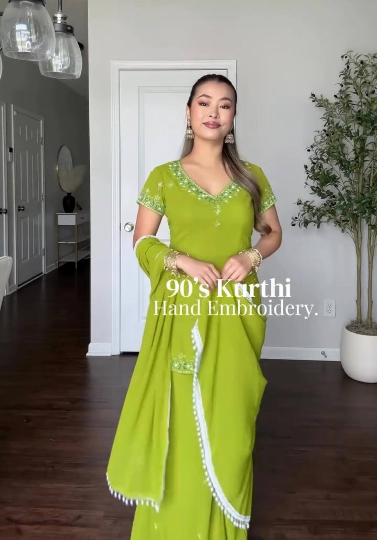 Women's Lime Green Fox Georgette Sequence Embroidery Half Sleeves Sharara Suit Set