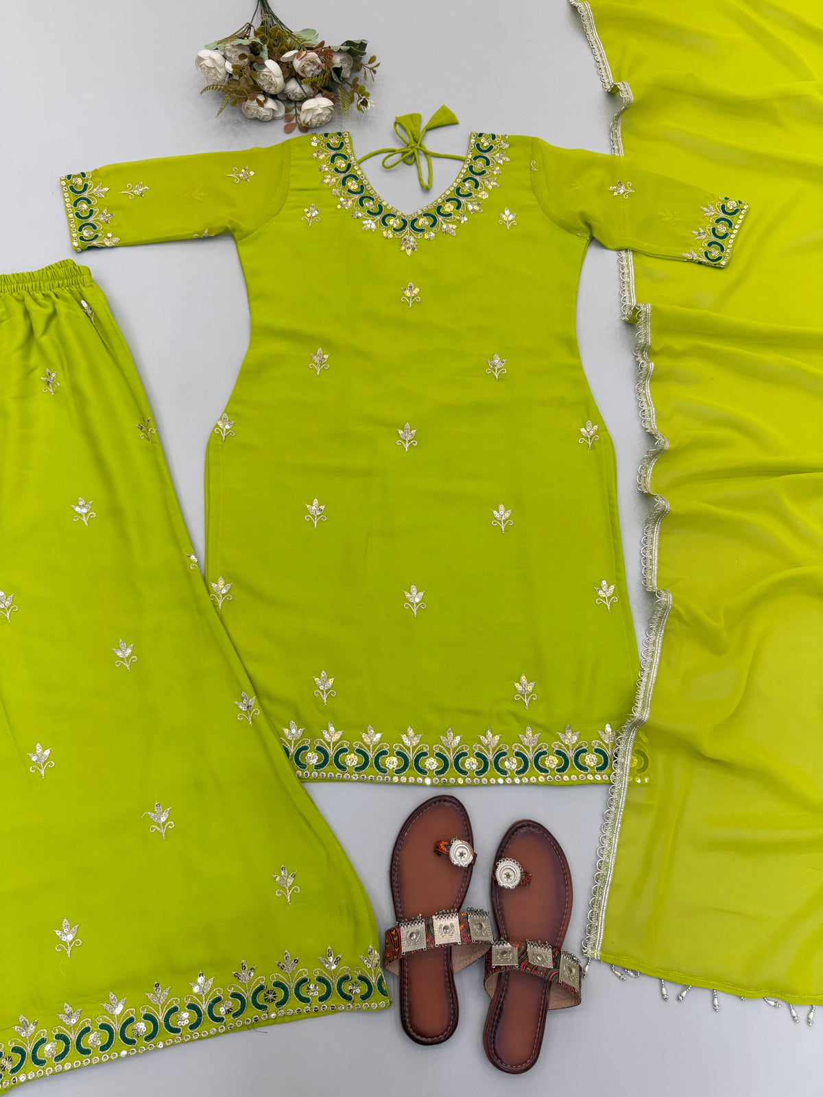 Women's Lime Green Fox Georgette Sequence Embroidery Half Sleeves Sharara Suit Set
