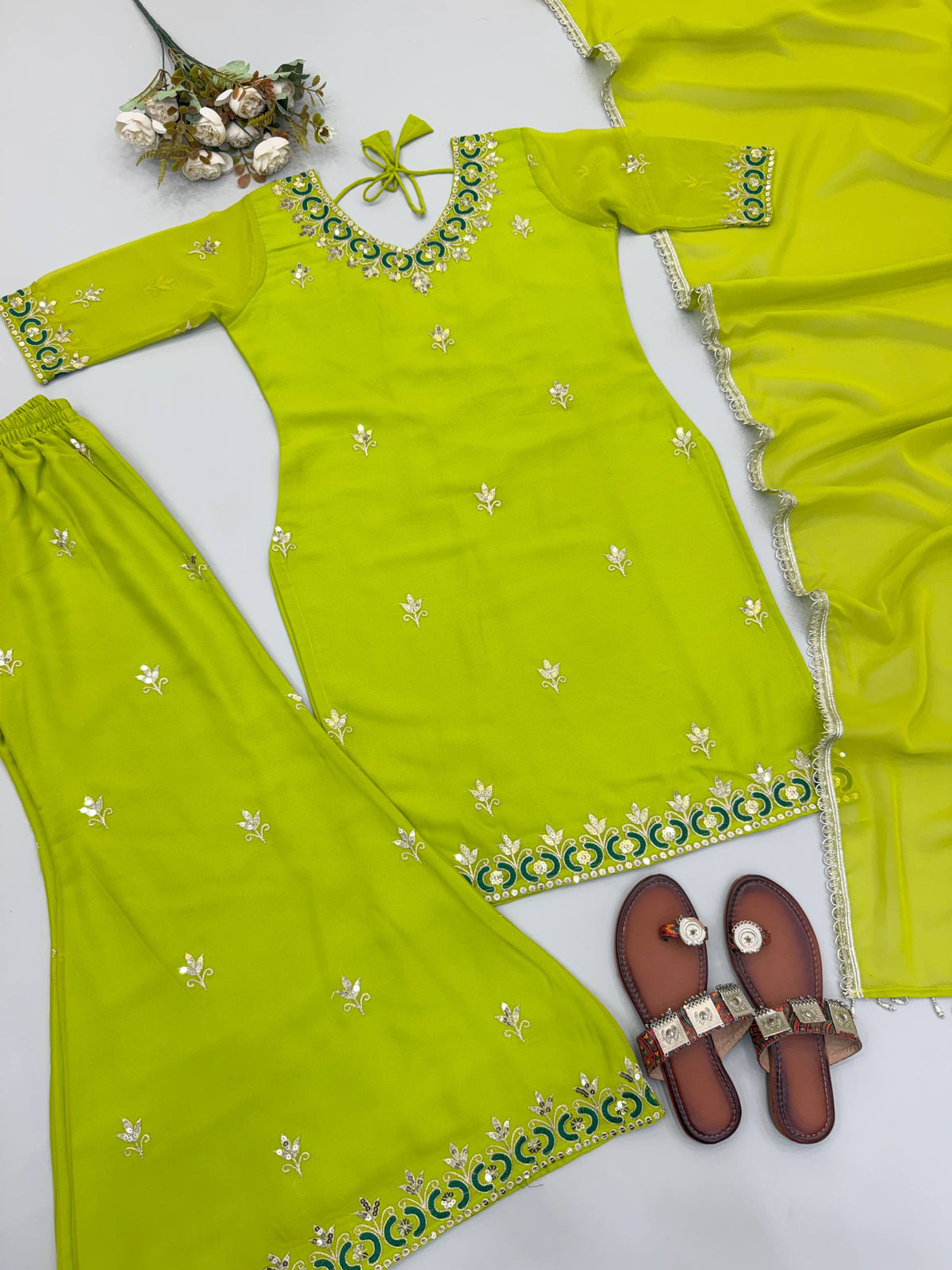 Women's Lime Green Fox Georgette Sequence Embroidery Half Sleeves Sharara Suit Set