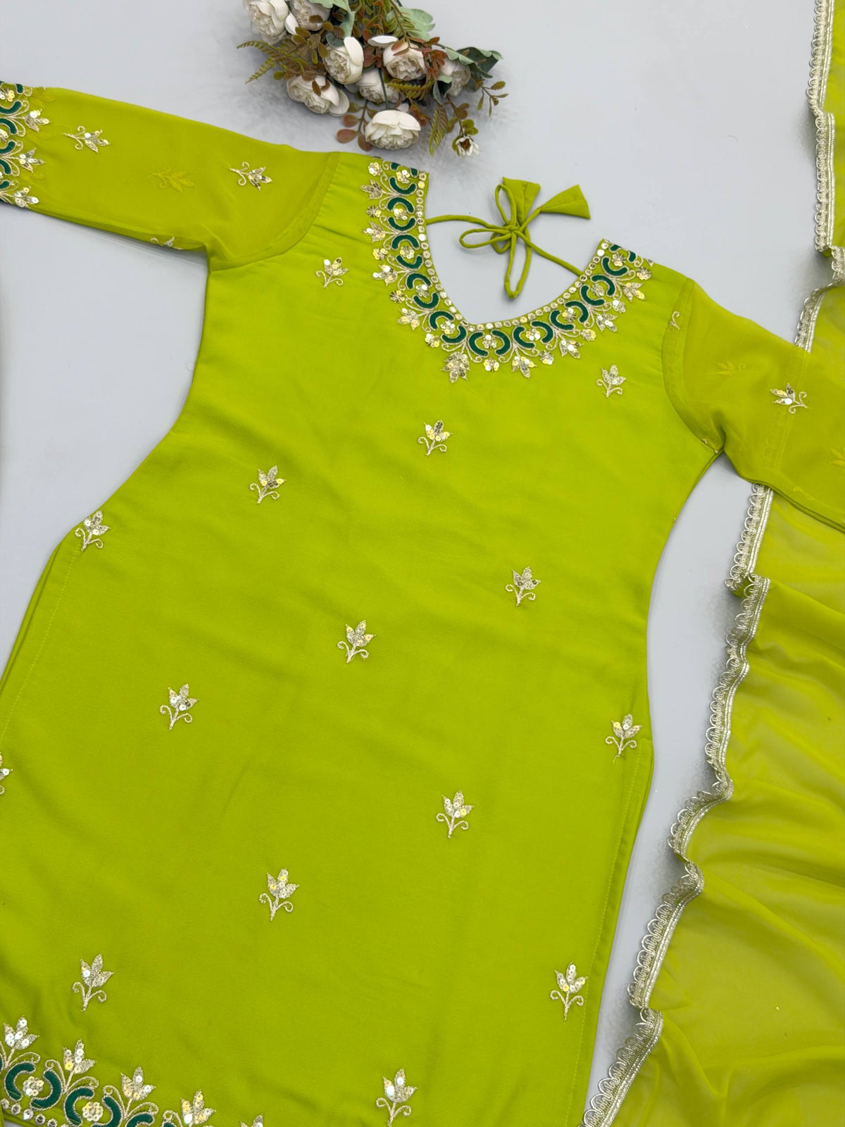 Women's Lime Green Fox Georgette Sequence Embroidery Half Sleeves Sharara Suit Set