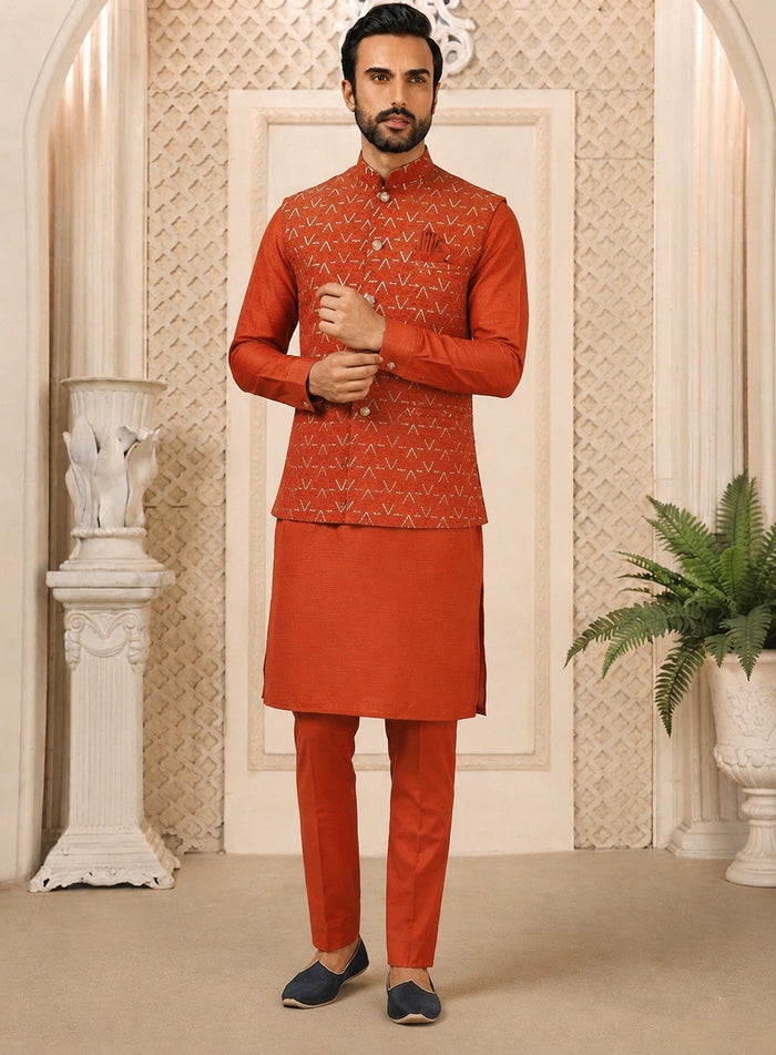 Burnt Orange Premium Roman Silk Plain Kurta & Pant Set with Multi-Embroidered Koti Jacket