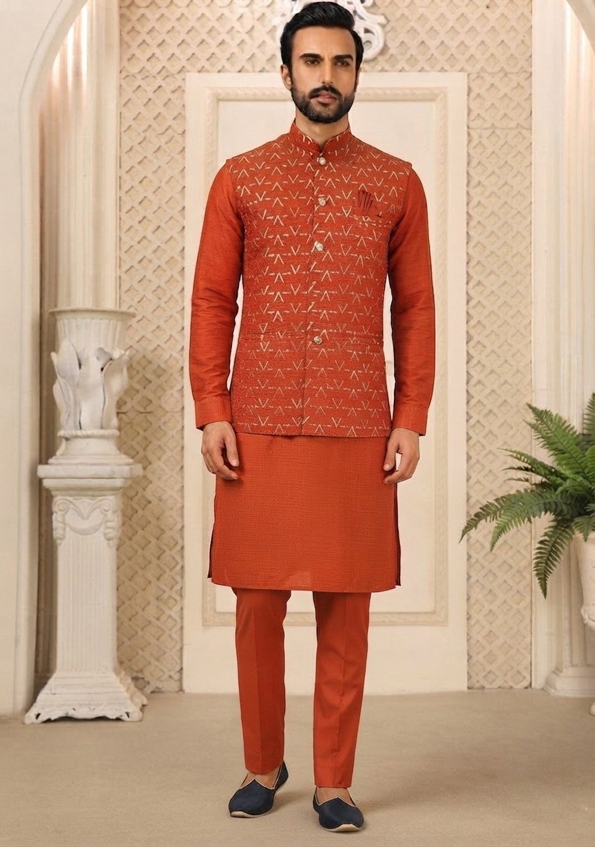 Burnt Orange Premium Roman Silk Plain Kurta & Pant Set with Multi-Embroidered Koti Jacket