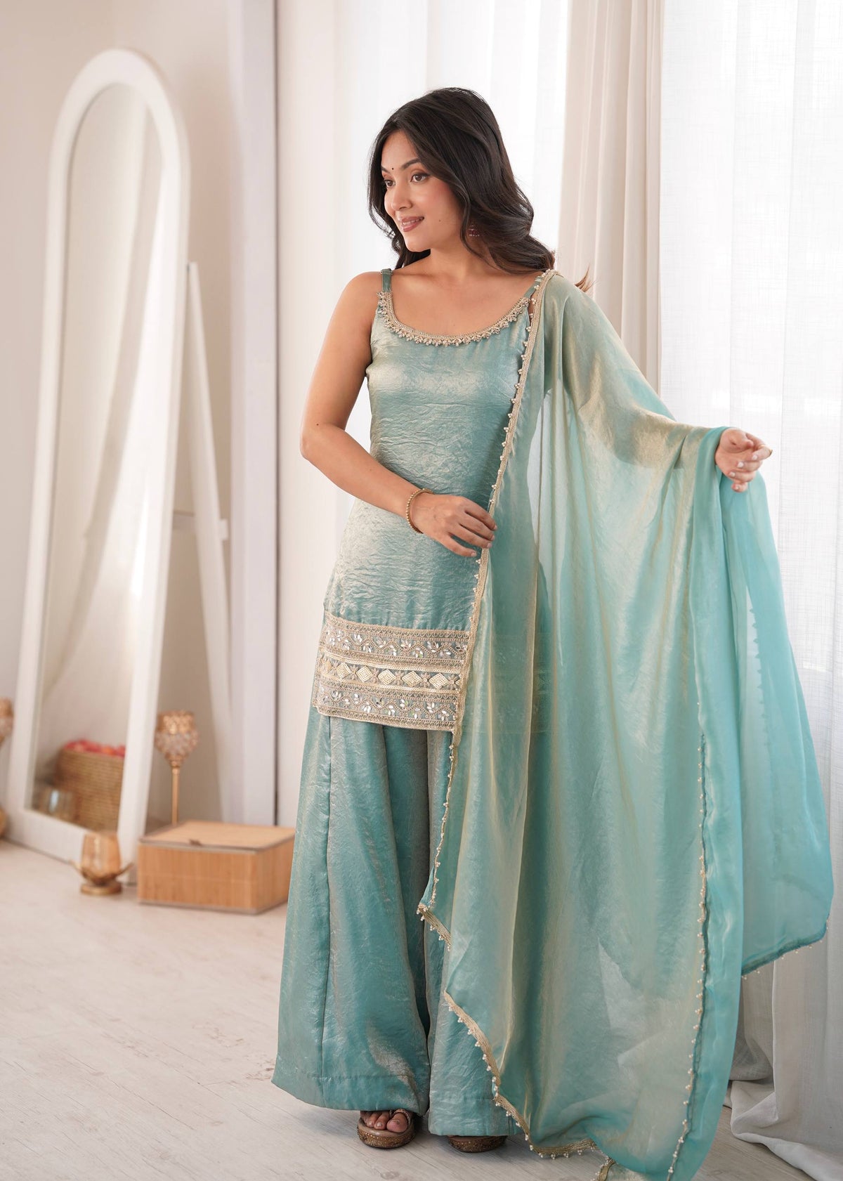 Women's Light Blue Doremon Crush Real Mirror & Sequence Embroidery Palazzo Suit Set