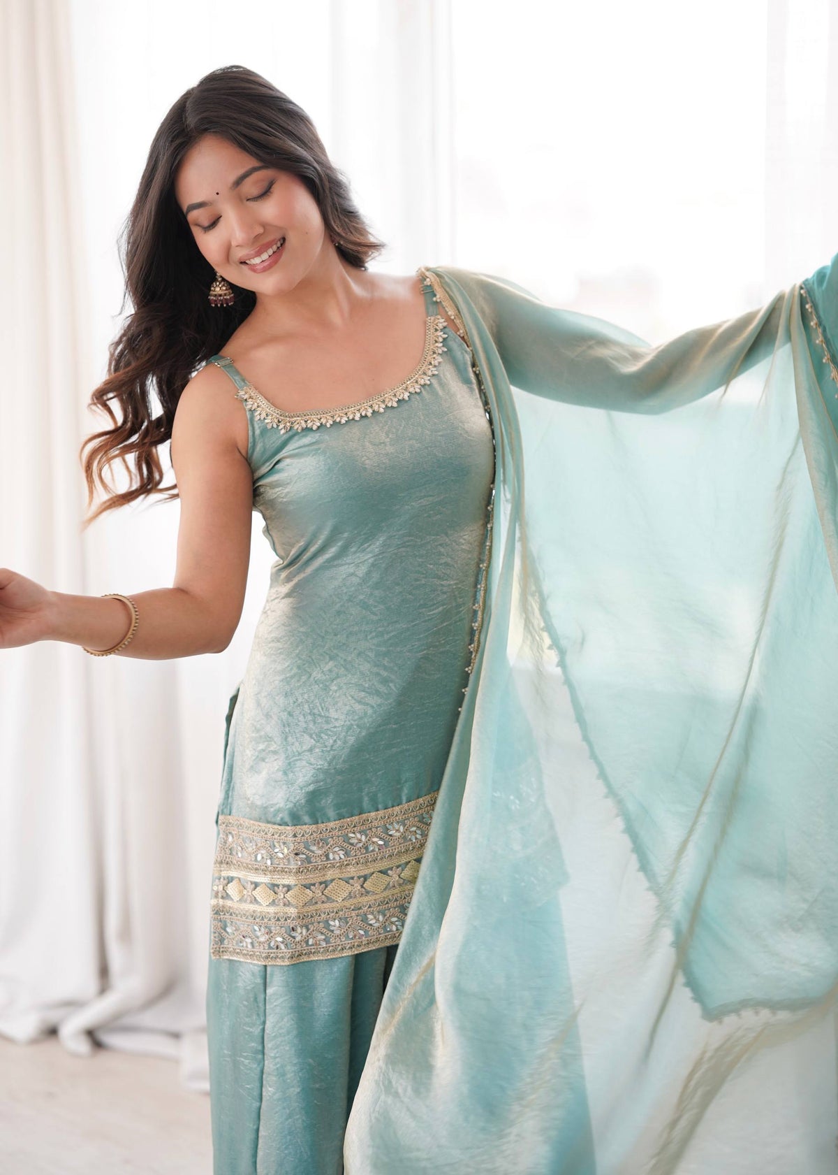 Women's Light Blue Doremon Crush Real Mirror & Sequence Embroidery Palazzo Suit Set