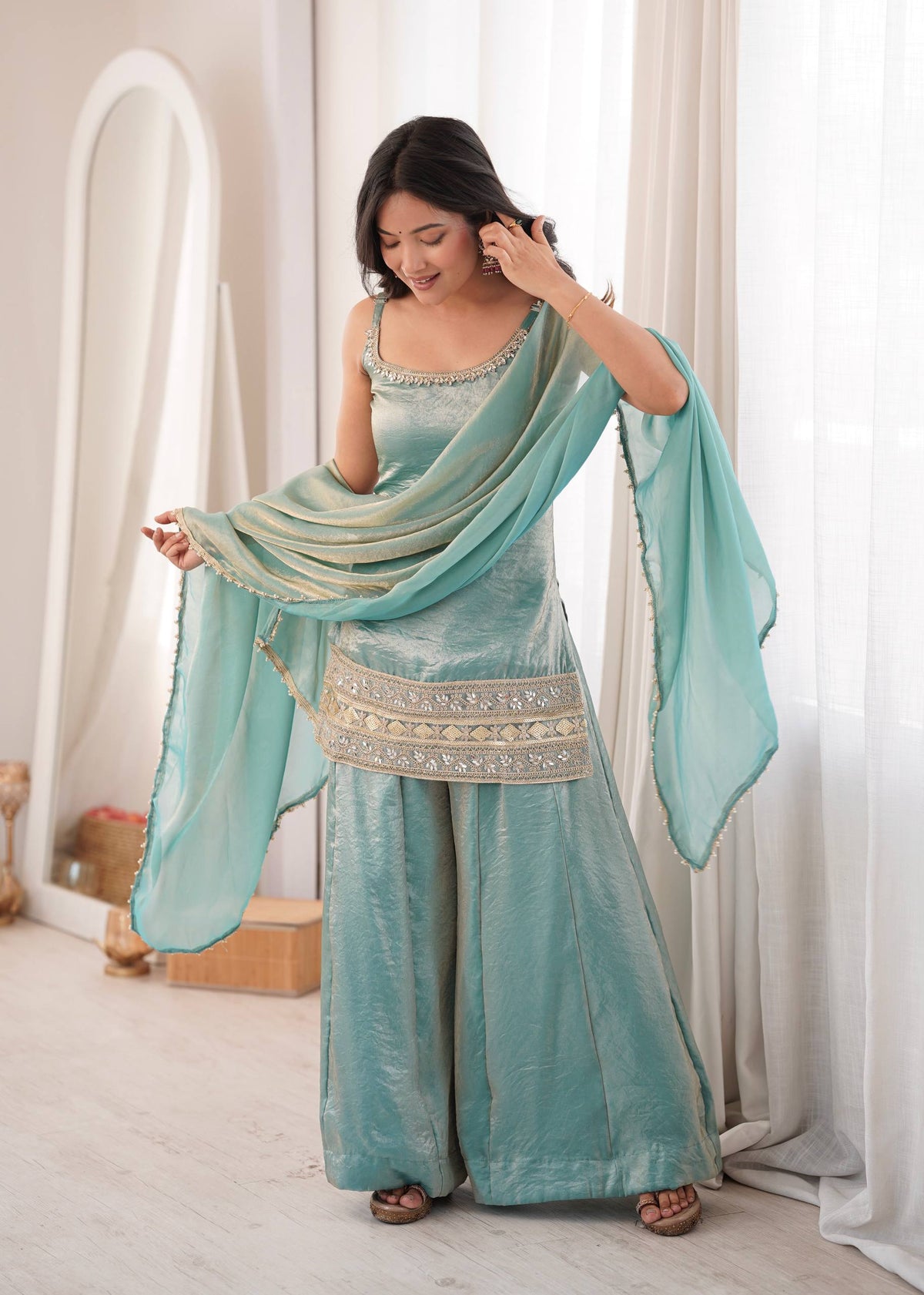 Women's Light Blue Doremon Crush Real Mirror & Sequence Embroidery Palazzo Suit Set