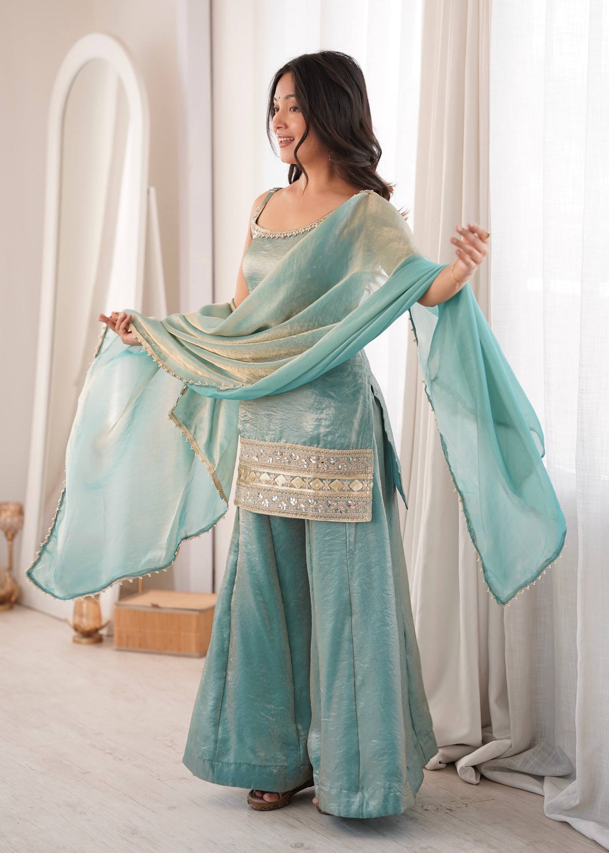 Women's Light Blue Doremon Crush Real Mirror & Sequence Embroidery Palazzo Suit Set