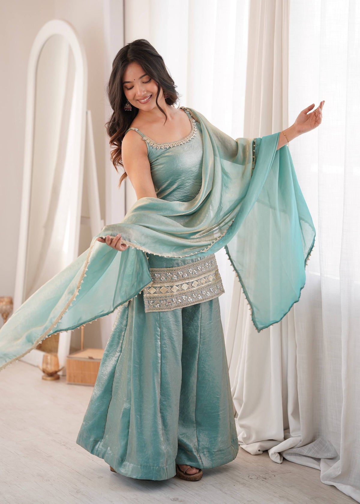 Women's Light Blue Doremon Crush Real Mirror & Sequence Embroidery Palazzo Suit Set