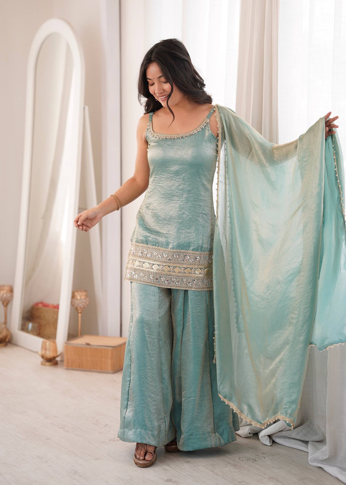 Women's Light Blue Doremon Crush Real Mirror & Sequence Embroidery Palazzo Suit Set