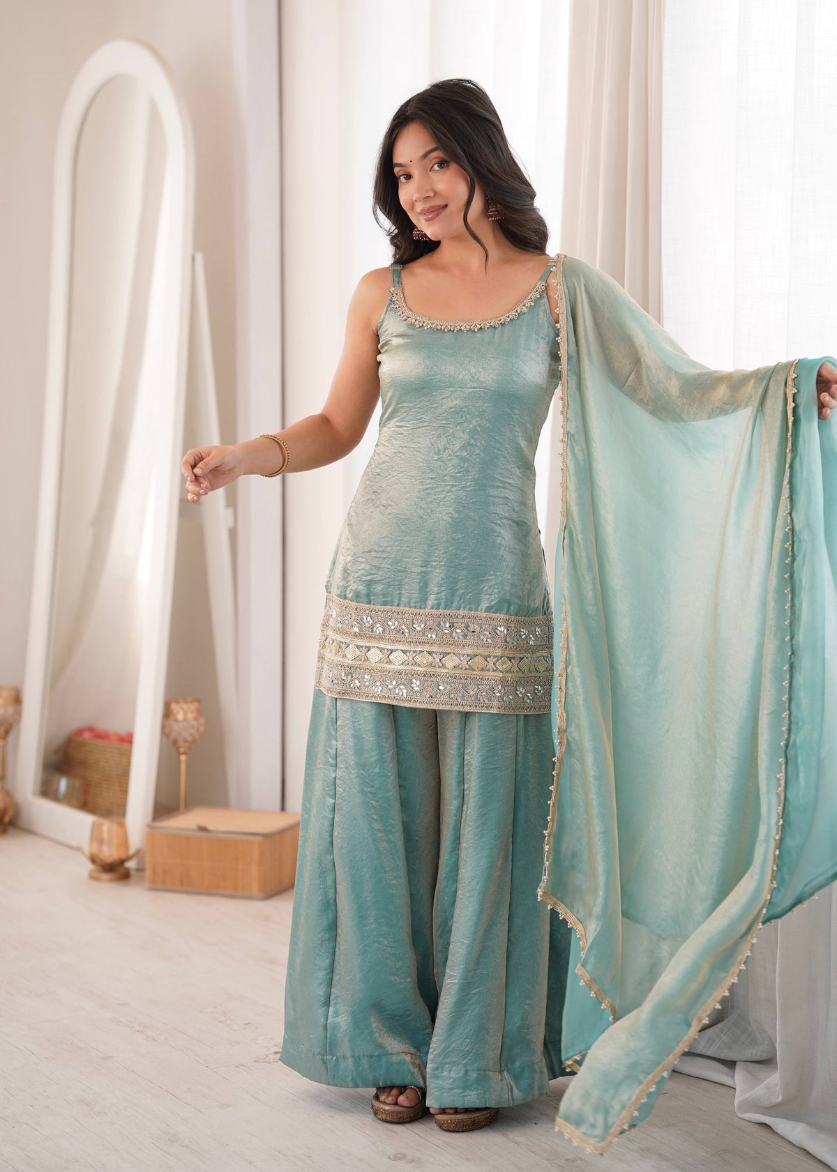 Women's Light Blue Doremon Crush Real Mirror & Sequence Embroidery Palazzo Suit Set
