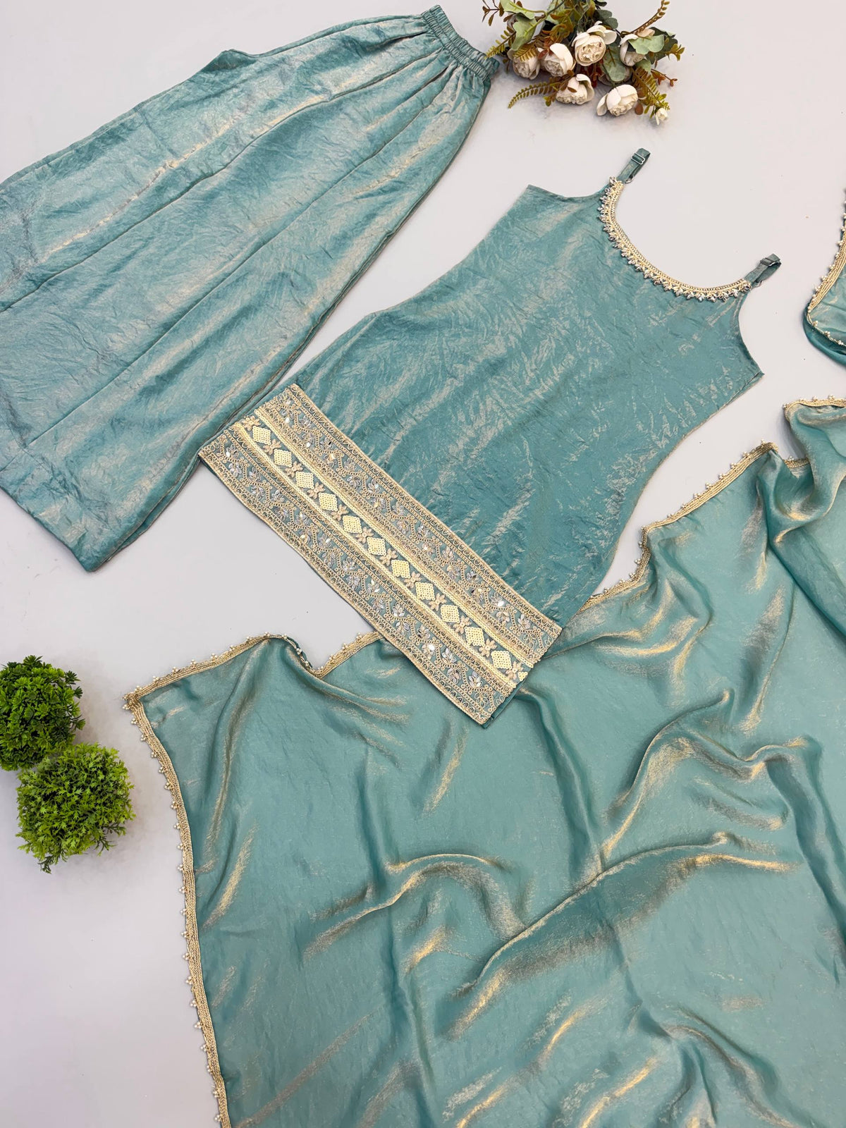 Women's Light Blue Doremon Crush Real Mirror & Sequence Embroidery Palazzo Suit Set