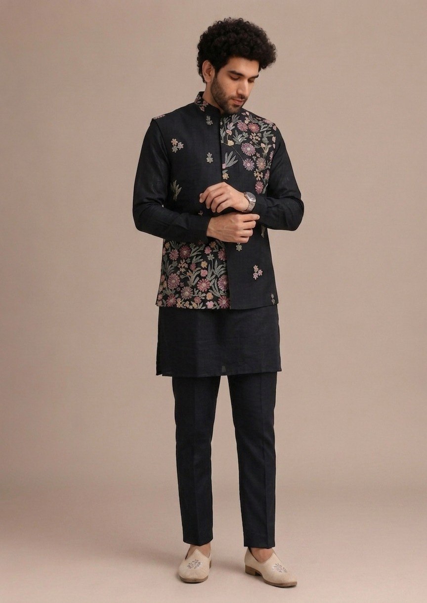 ✨ Black Premium Roman Silk Plain Kurta & Pant Set with Designer Multi-Embroidered Koti Jacket