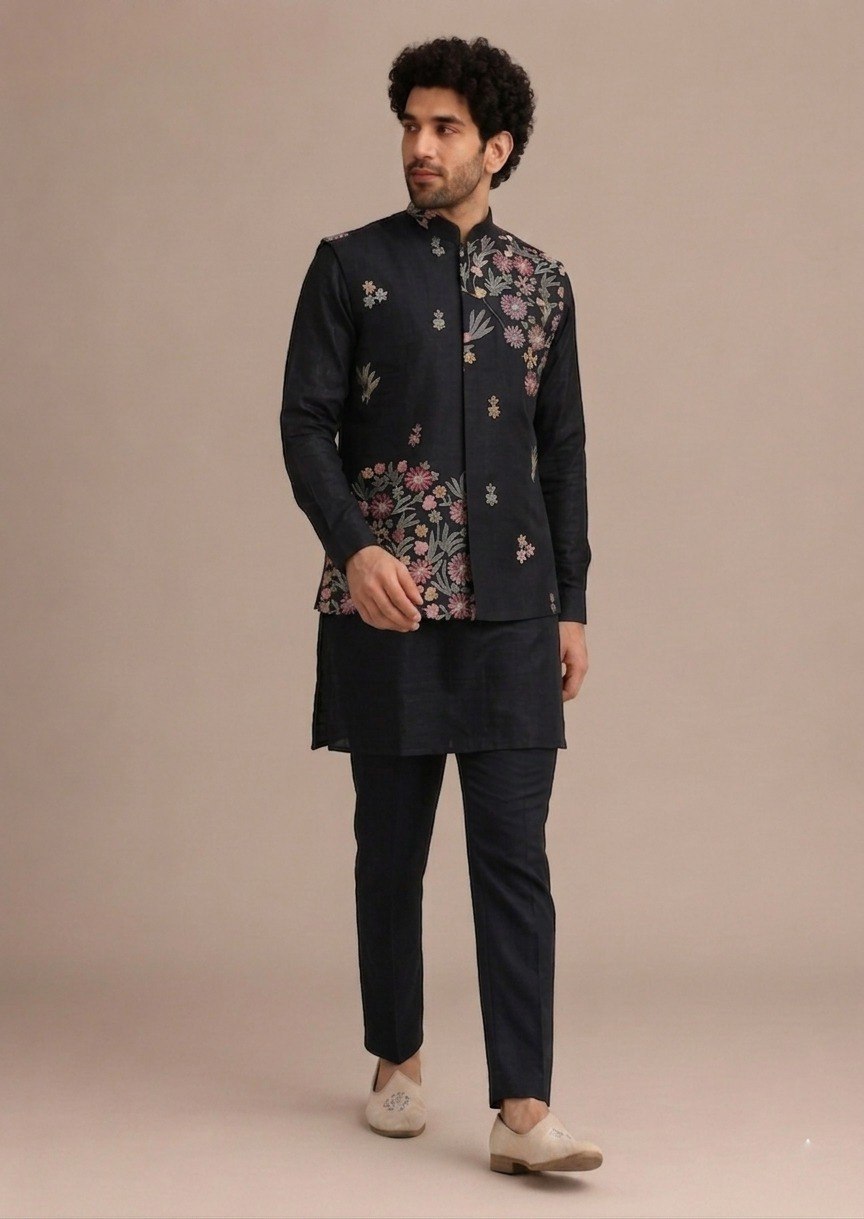 ✨ Black Premium Roman Silk Plain Kurta & Pant Set with Designer Multi-Embroidered Koti Jacket