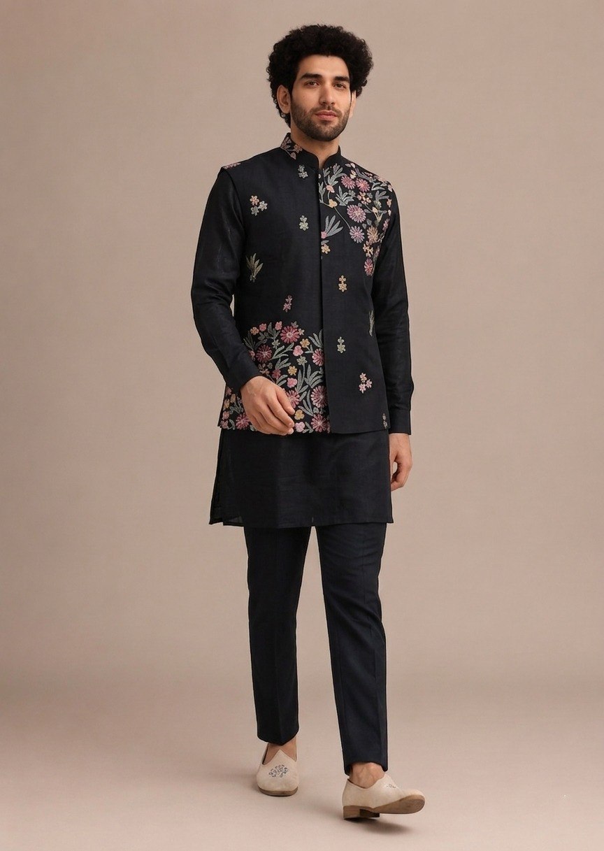 ✨ Black Premium Roman Silk Plain Kurta & Pant Set with Designer Multi-Embroidered Koti Jacket