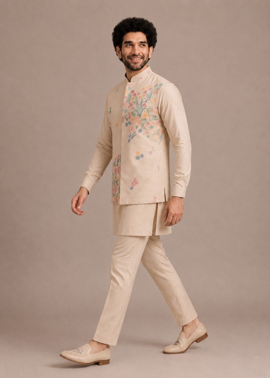 Cream Premium Roman Silk Plain Kurta & Pant Set with Designer Multi-Embroidered Koti Jacket