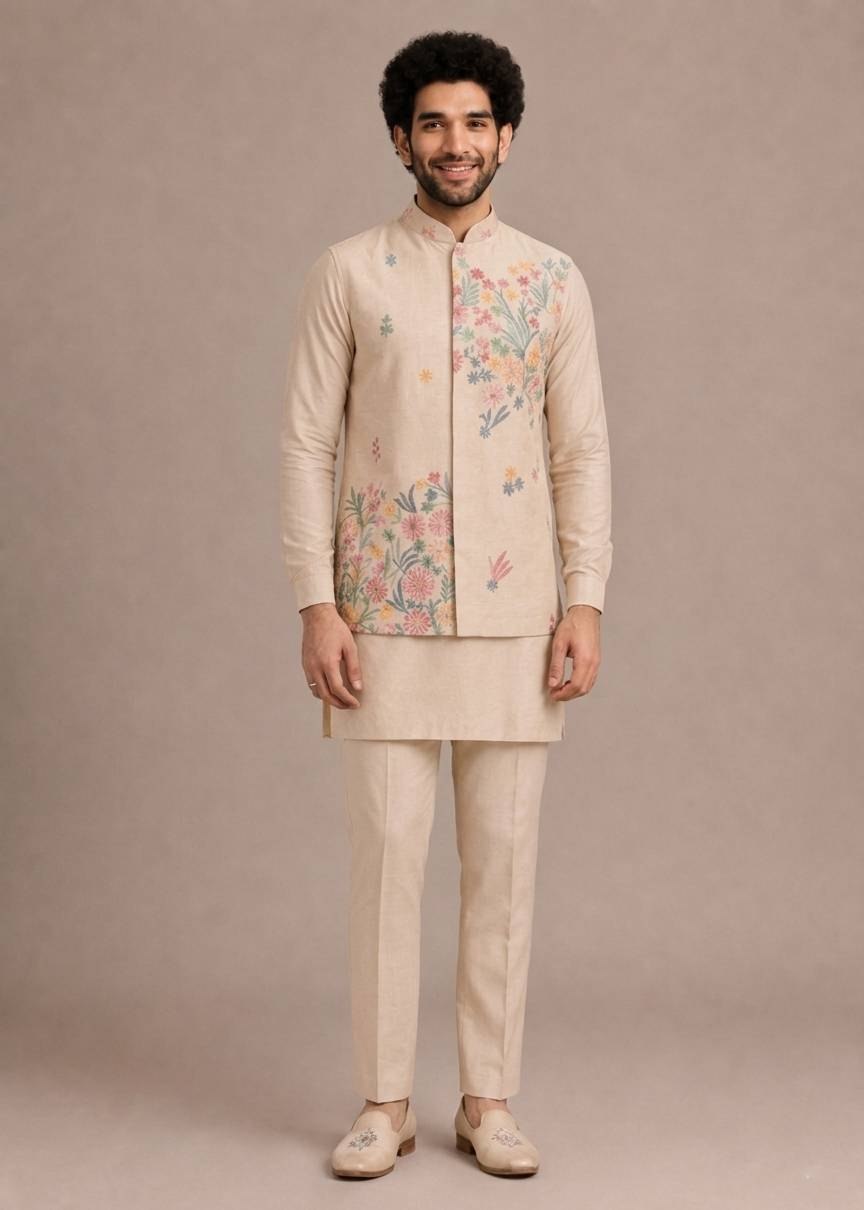Cream Premium Roman Silk Plain Kurta & Pant Set with Designer Multi-Embroidered Koti Jacket