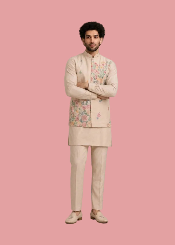 Cream Premium Roman Silk Plain Kurta & Pant Set with Designer Multi-Embroidered Koti Jacket