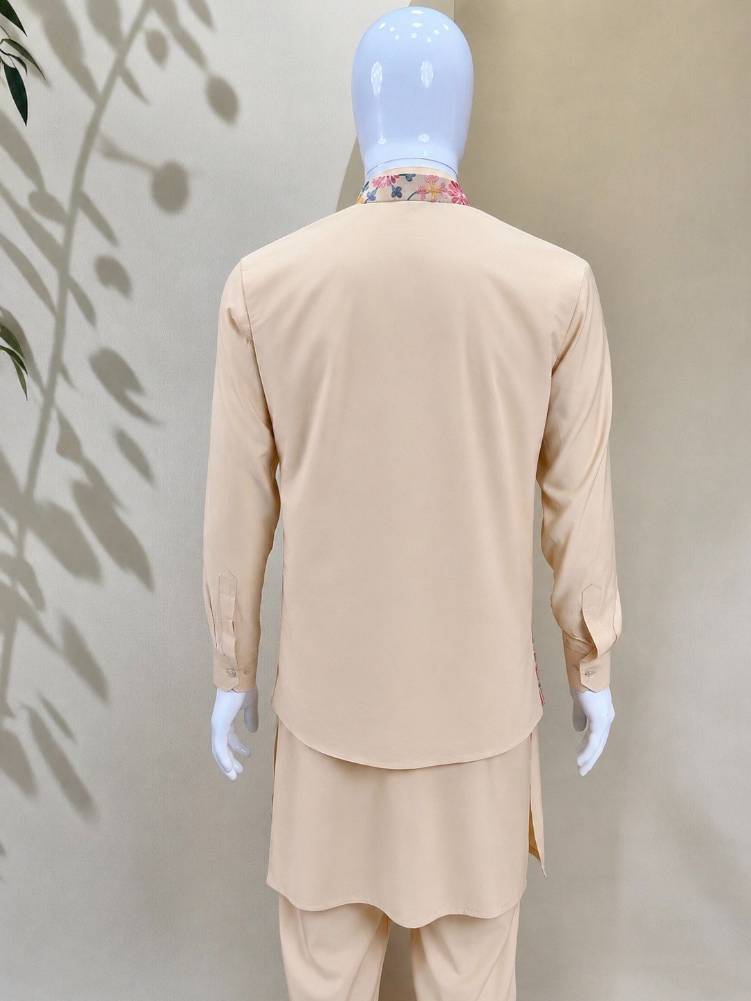 Cream Premium Roman Silk Plain Kurta & Pant Set with Designer Multi-Embroidered Koti Jacket