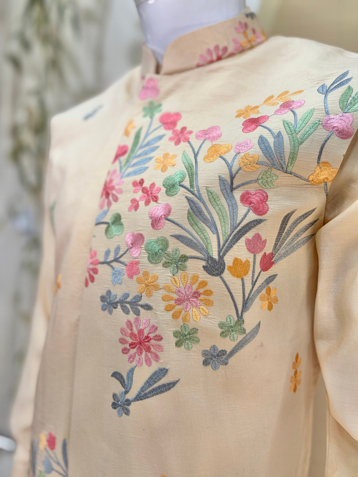 Cream Premium Roman Silk Plain Kurta & Pant Set with Designer Multi-Embroidered Koti Jacket
