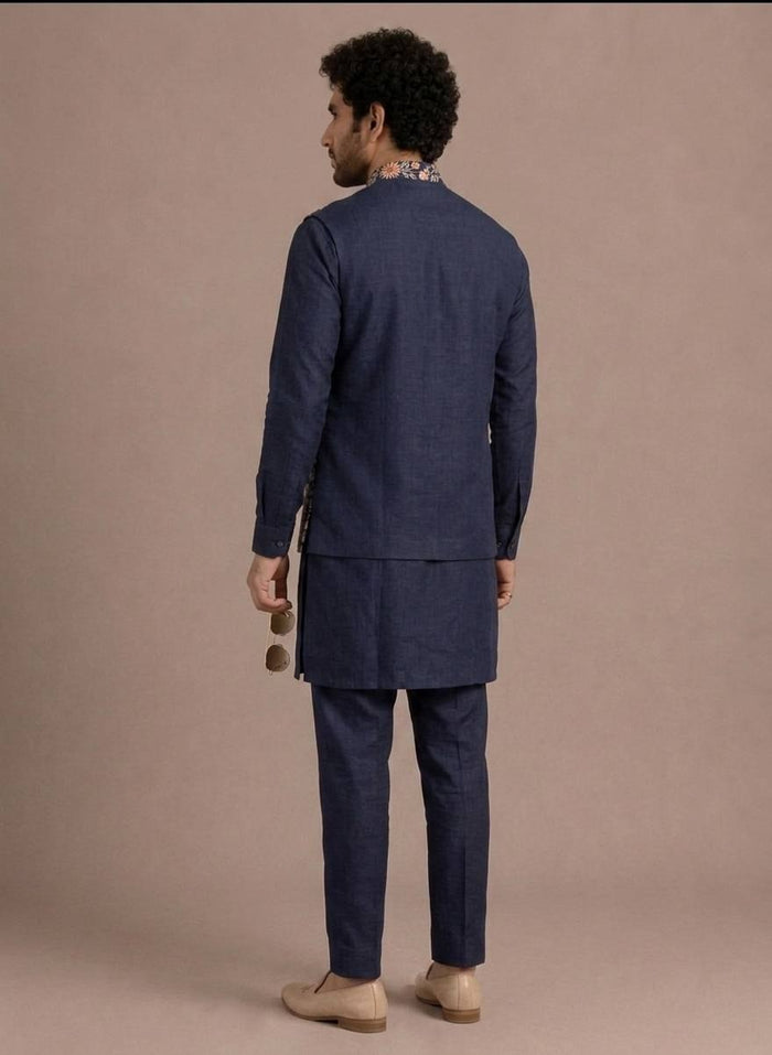 Navy Blue Coach Silk Multi-Sequence & Floral Zari Embroidered Men's Kurta Koti Set