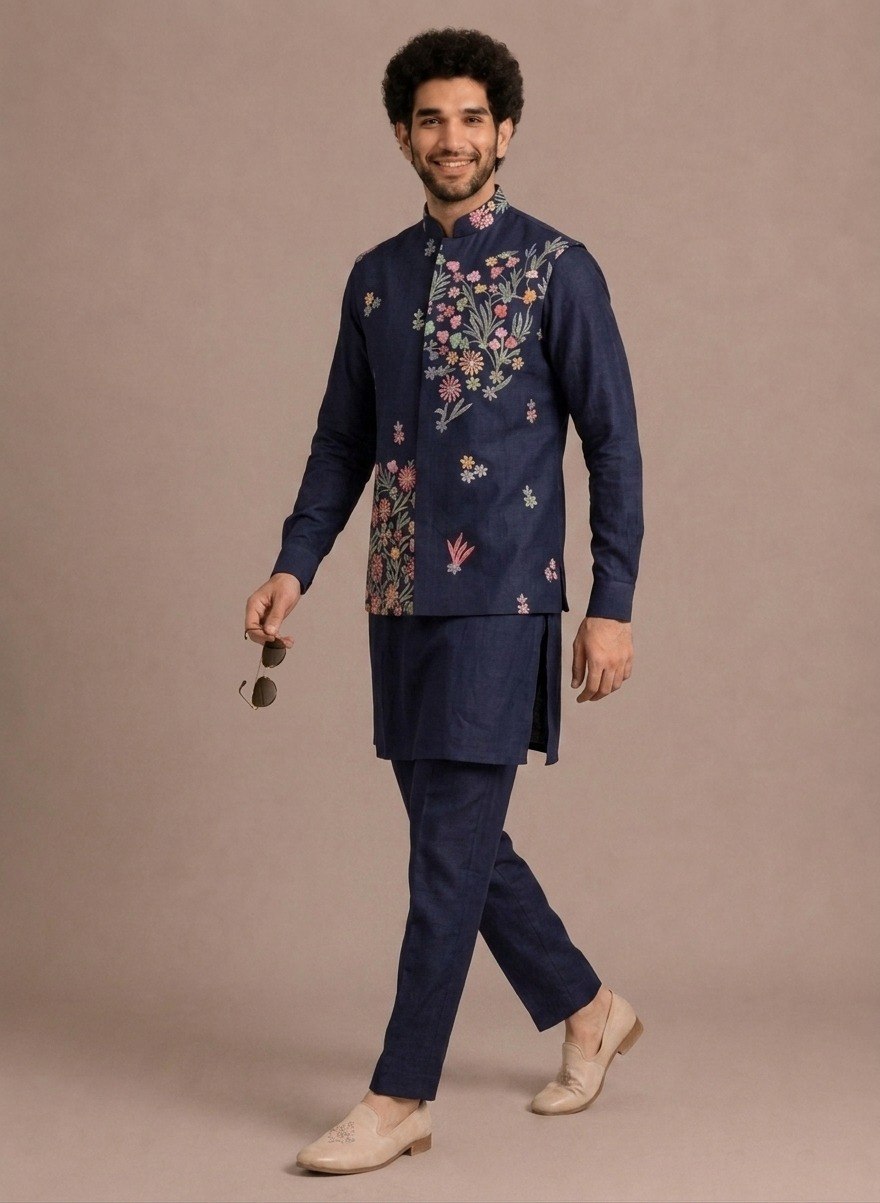 Navy Blue Coach Silk Multi-Sequence & Floral Zari Embroidered Men's Kurta Koti Set