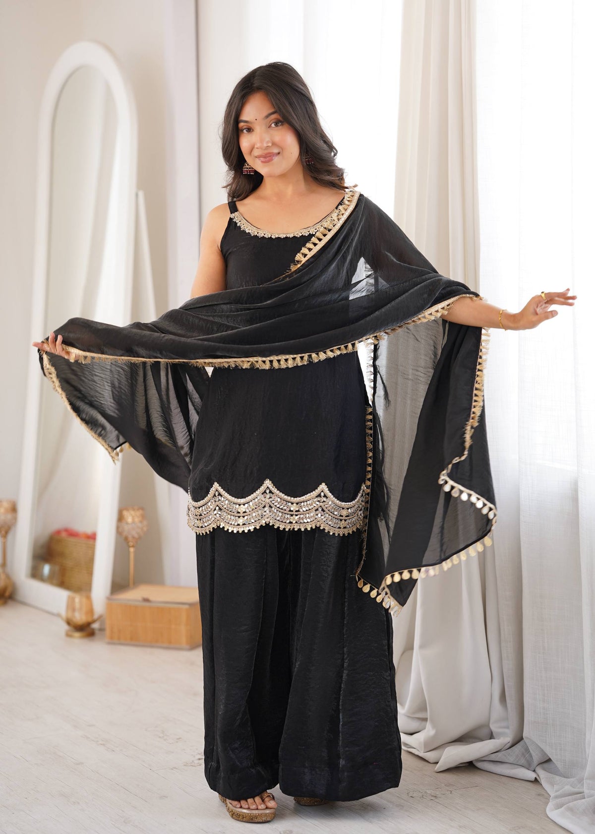 Women's Black Fendy Silk Real Mirror & Coding Embroidery Sharara Suit Set