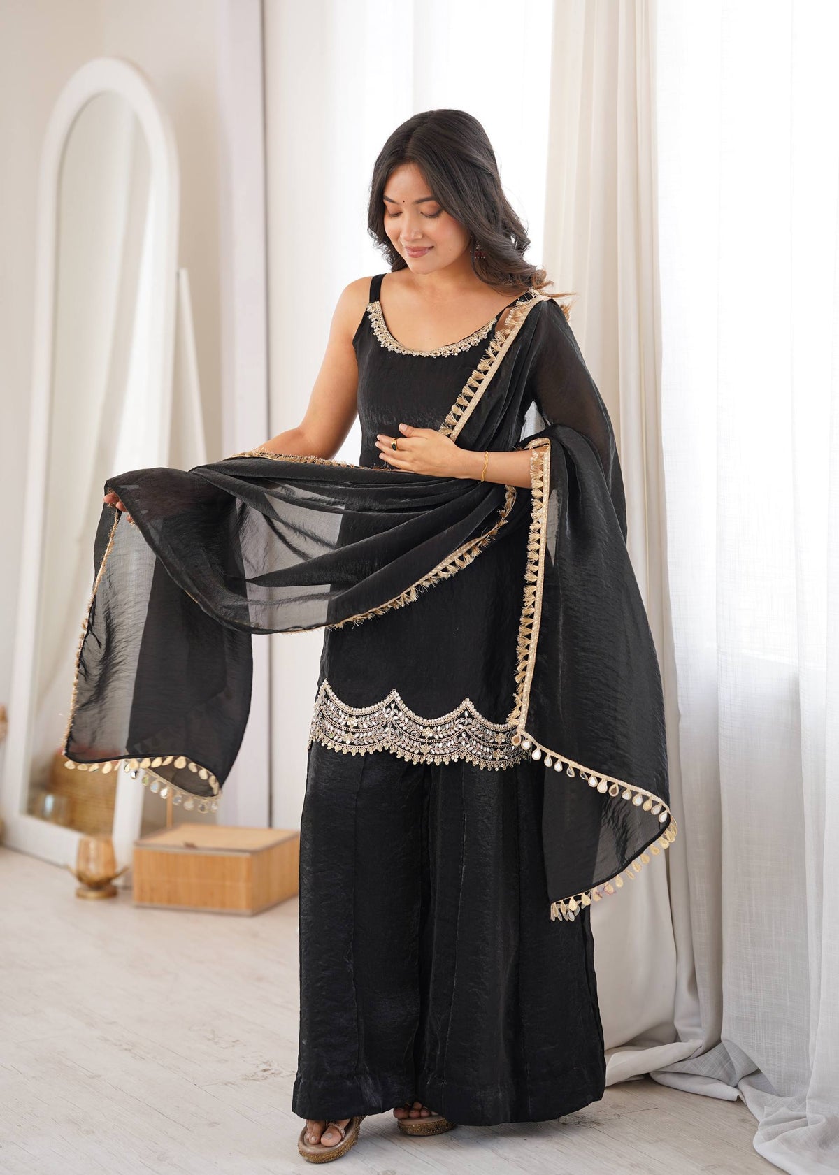 Women's Black Fendy Silk Real Mirror & Coding Embroidery Sharara Suit Set