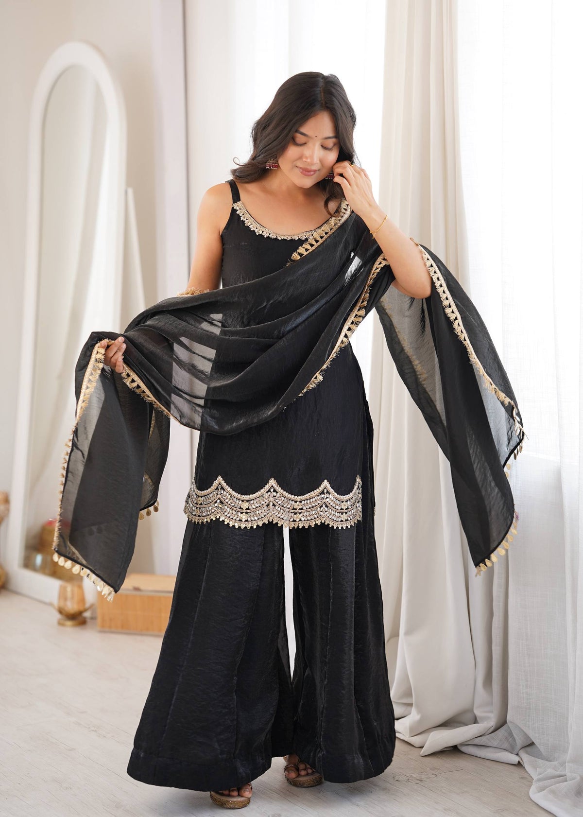 Women's Black Fendy Silk Real Mirror & Coding Embroidery Sharara Suit Set