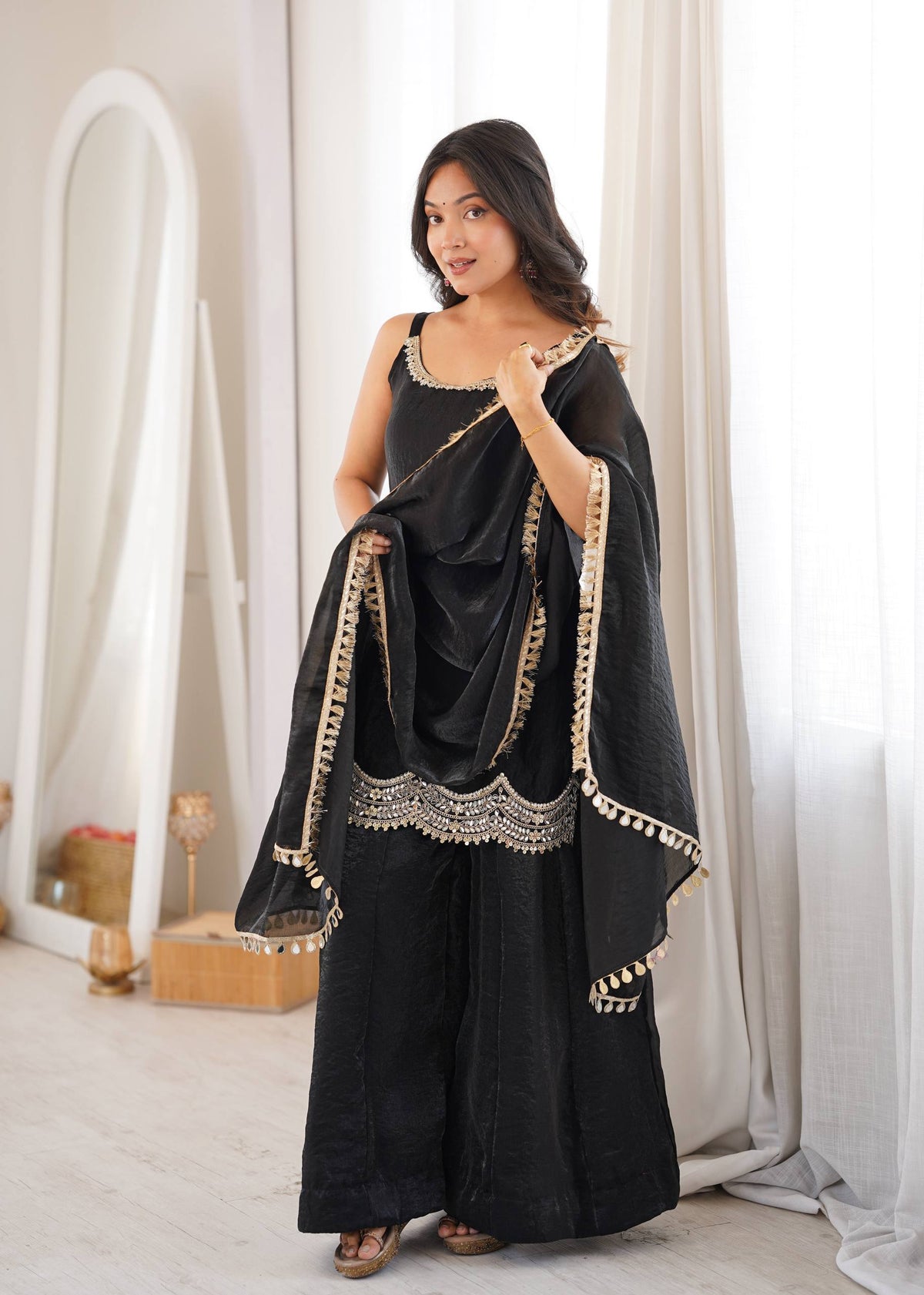 Women's Black Fendy Silk Real Mirror & Coding Embroidery Sharara Suit Set