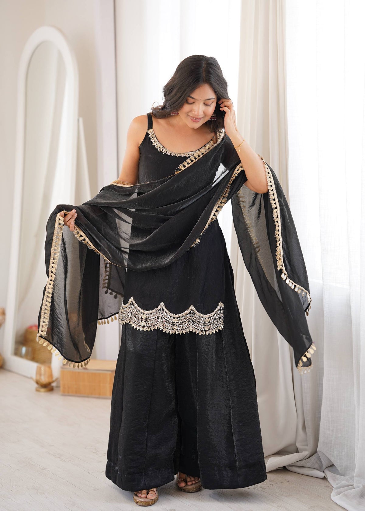Women's Black Fendy Silk Real Mirror & Coding Embroidery Sharara Suit Set