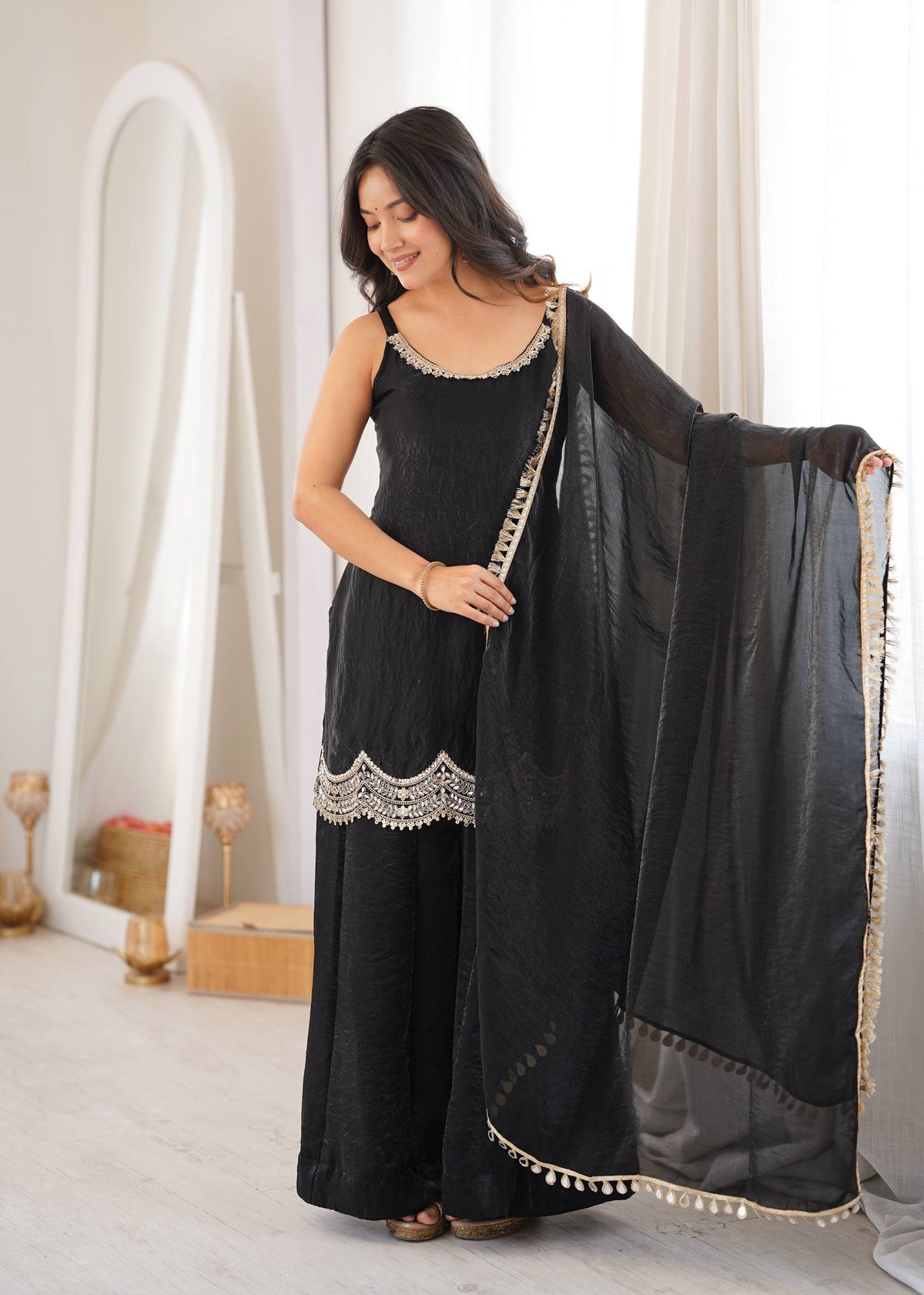 Women's Black Fendy Silk Real Mirror & Coding Embroidery Sharara Suit Set