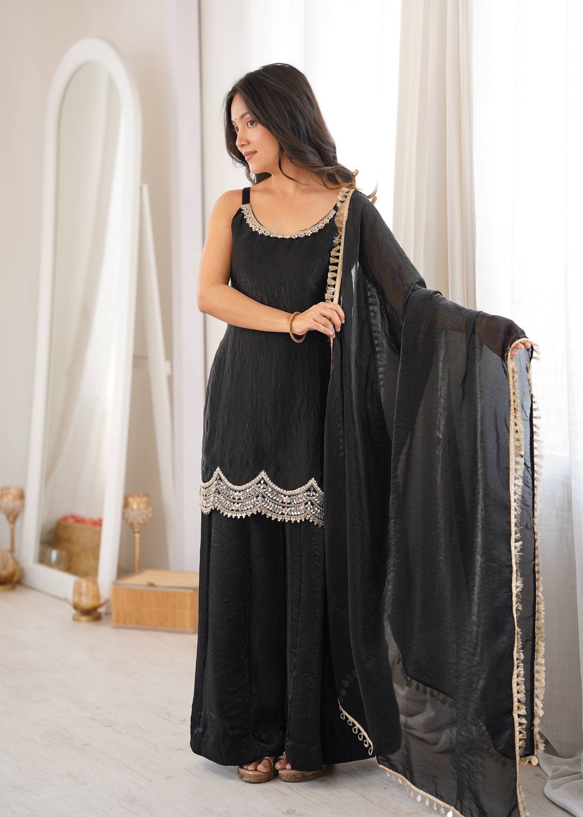 Women's Black Fendy Silk Real Mirror & Coding Embroidery Sharara Suit Set