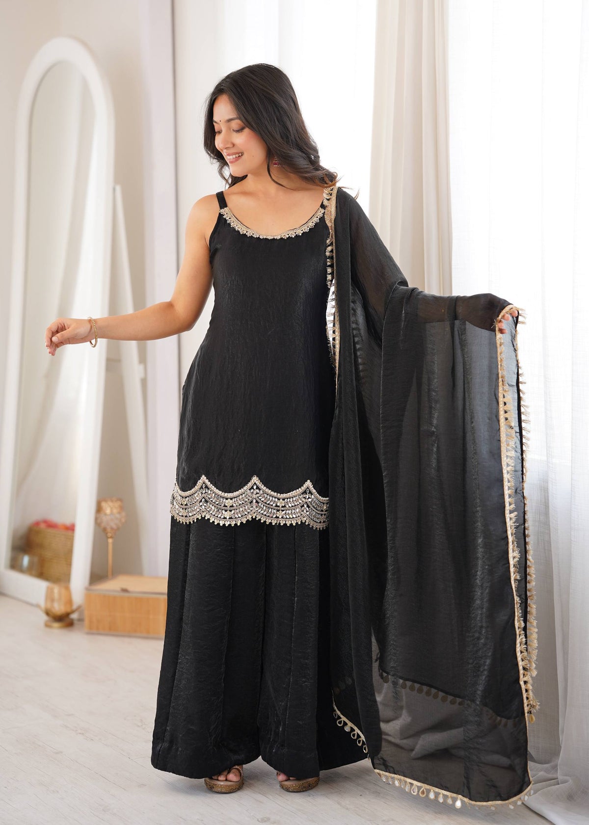 Women's Black Fendy Silk Real Mirror & Coding Embroidery Sharara Suit Set