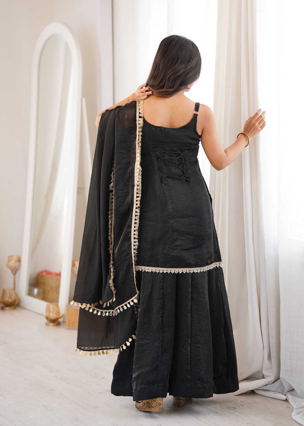Women's Black Fendy Silk Real Mirror & Coding Embroidery Sharara Suit Set