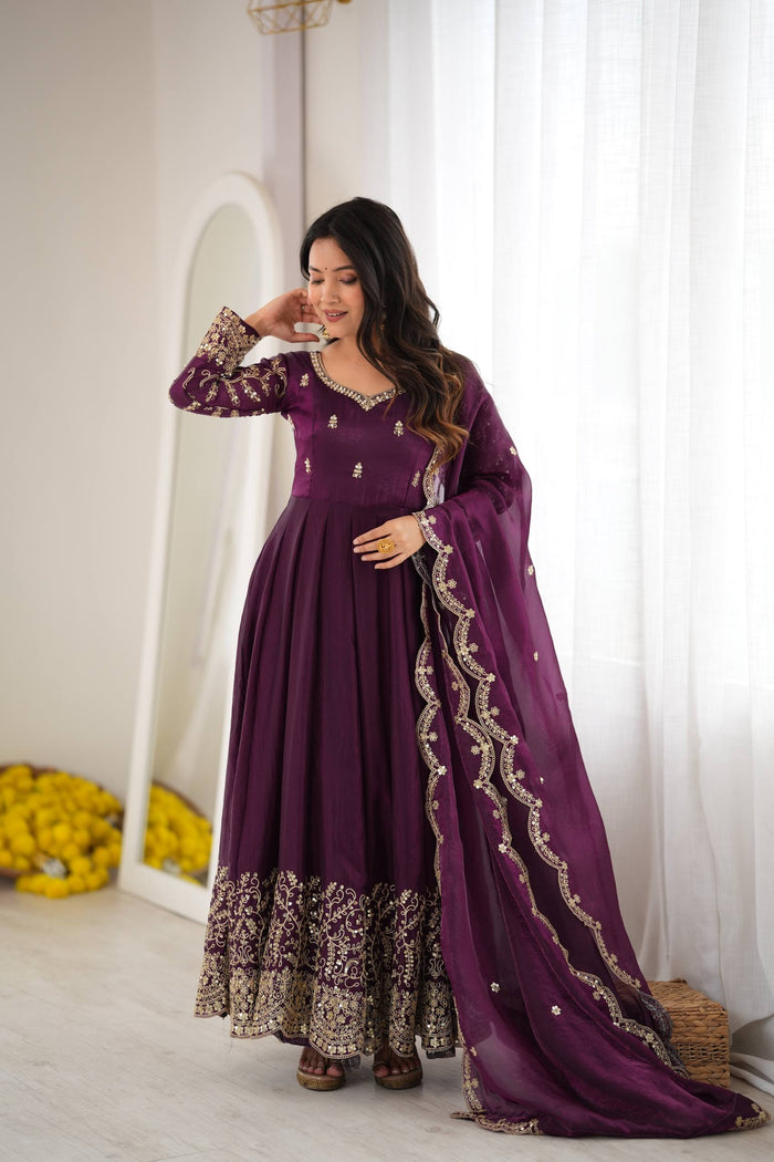 Designer Fendy Silk Embroidery Coding & Sequence Work Purple Gown, Pant & Dupatta Set