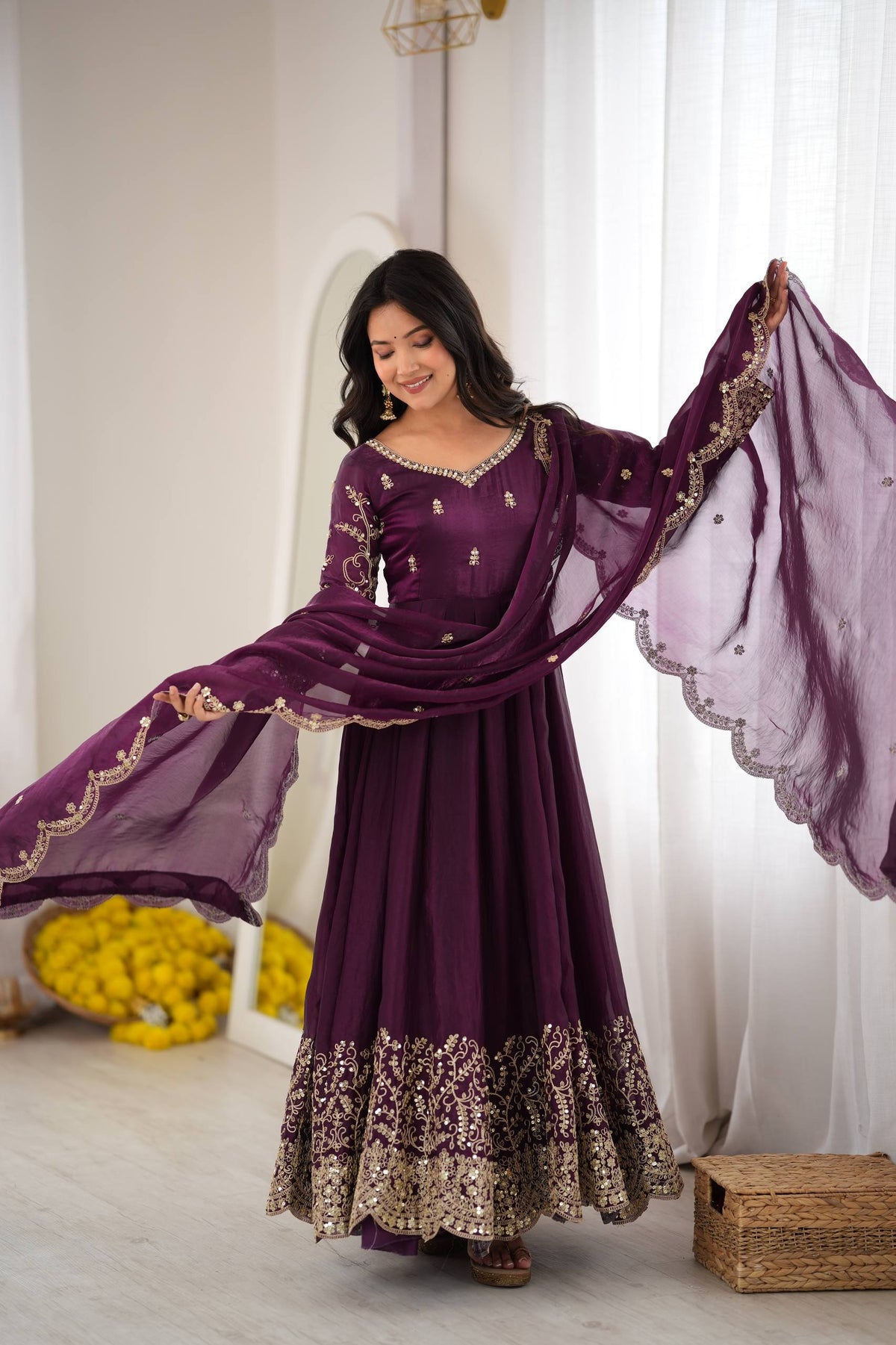 Designer Fendy Silk Embroidery Coding & Sequence Work Purple Gown, Pant & Dupatta Set