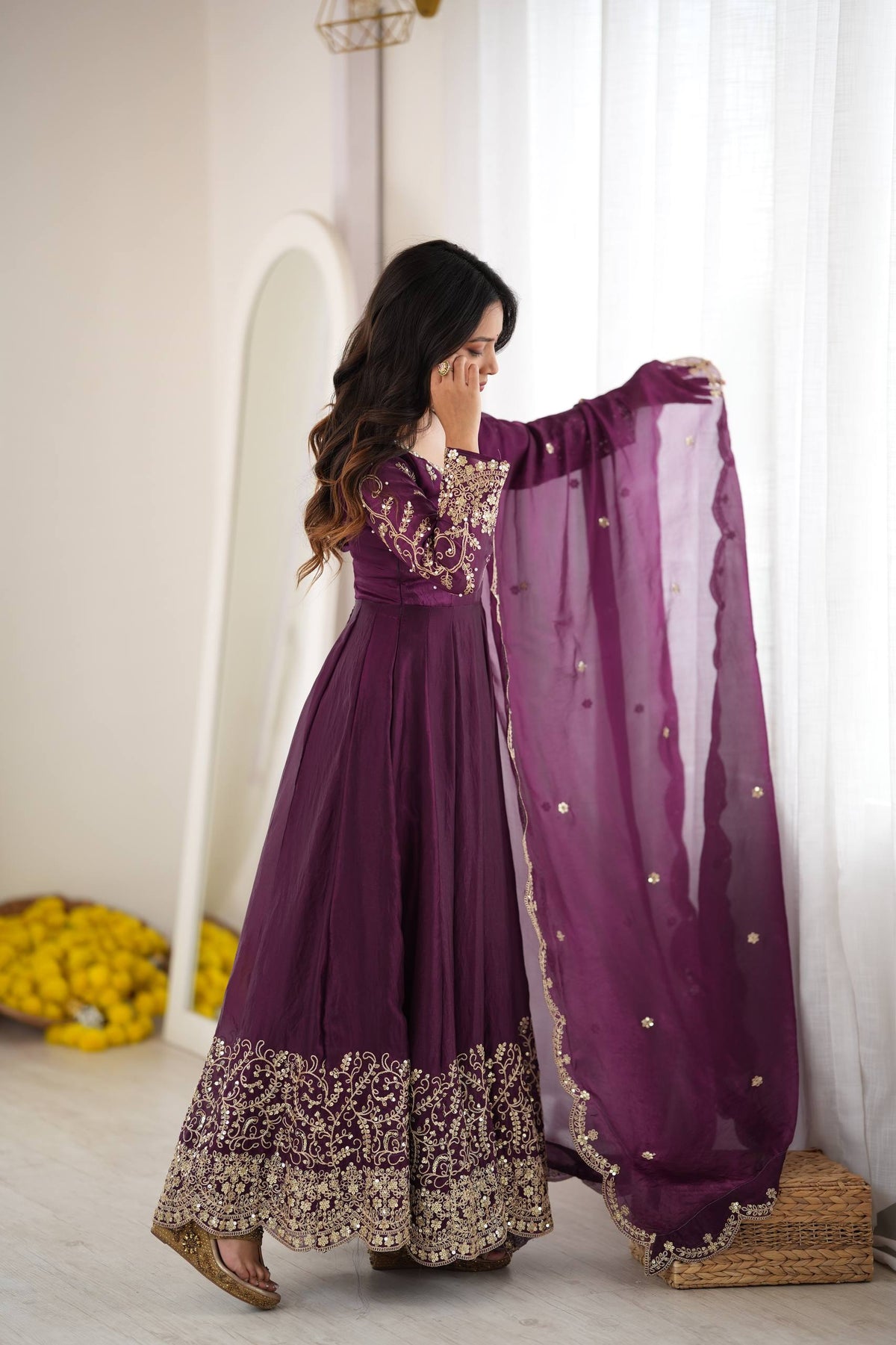 Designer Fendy Silk Embroidery Coding & Sequence Work Purple Gown, Pant & Dupatta Set