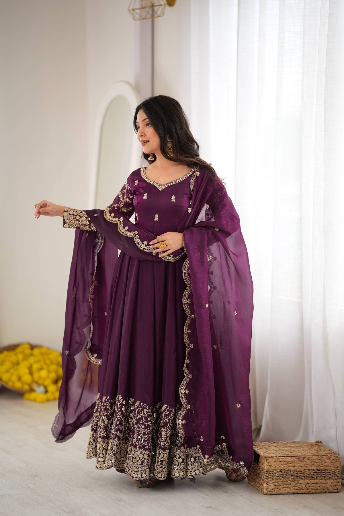 Designer Fendy Silk Embroidery Coding & Sequence Work Purple Gown, Pant & Dupatta Set