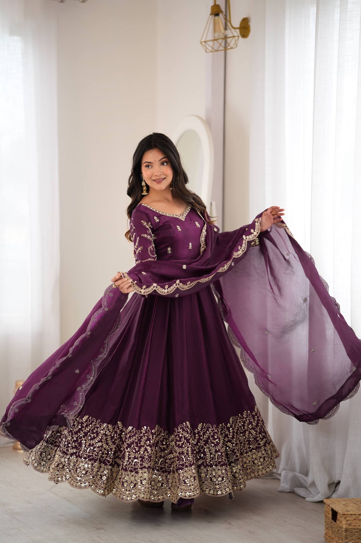 Designer Fendy Silk Embroidery Coding & Sequence Work Purple Gown, Pant & Dupatta Set