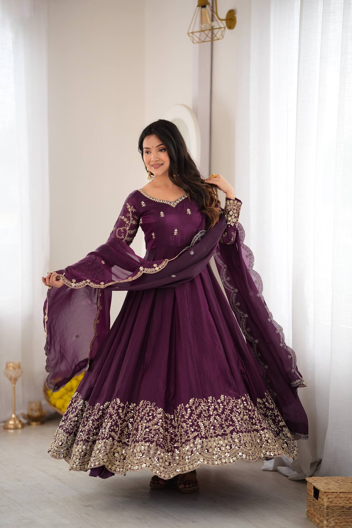 Designer Fendy Silk Embroidery Coding & Sequence Work Purple Gown, Pant & Dupatta Set