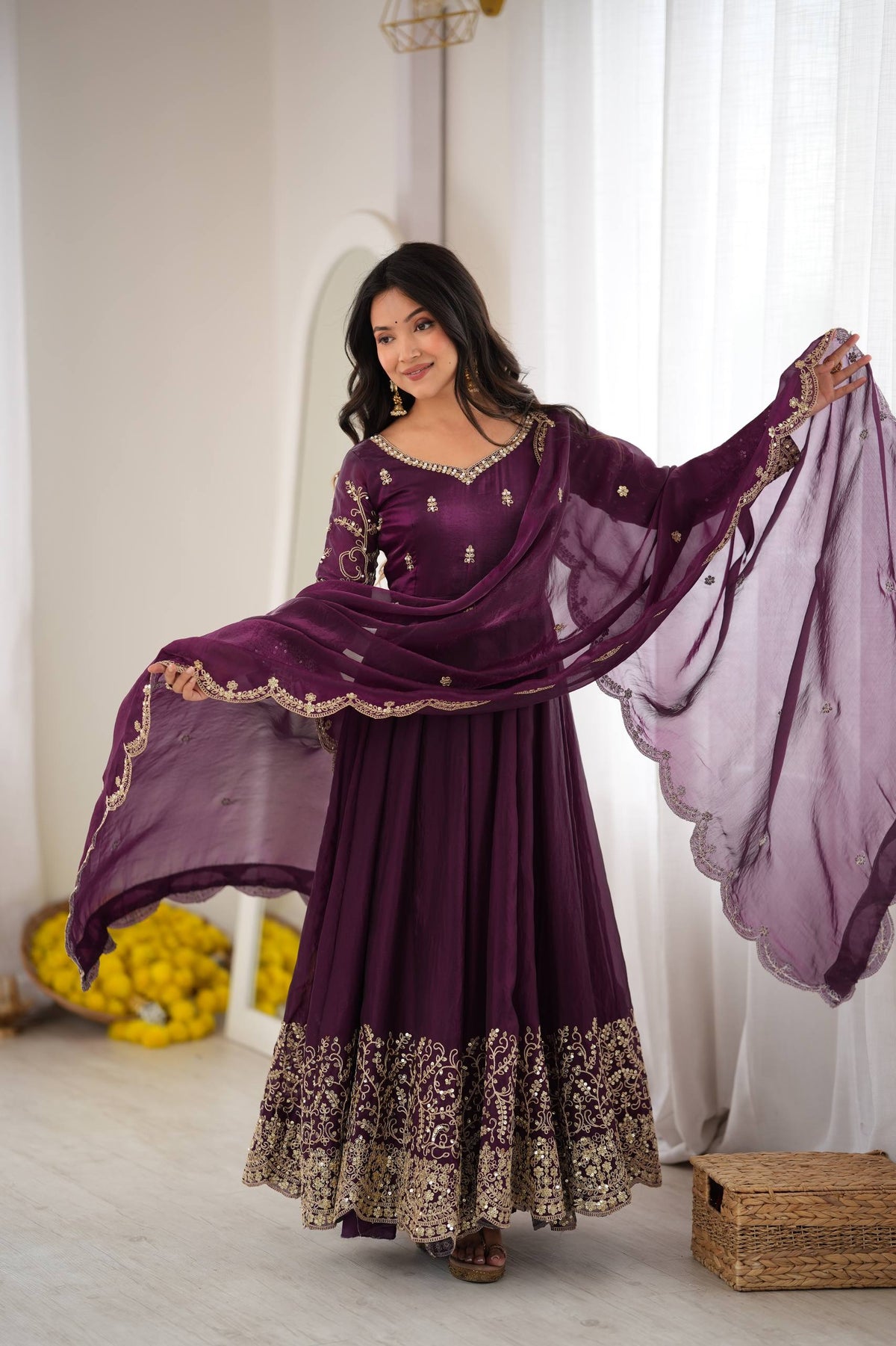 Designer Fendy Silk Embroidery Coding & Sequence Work Purple Gown, Pant & Dupatta Set