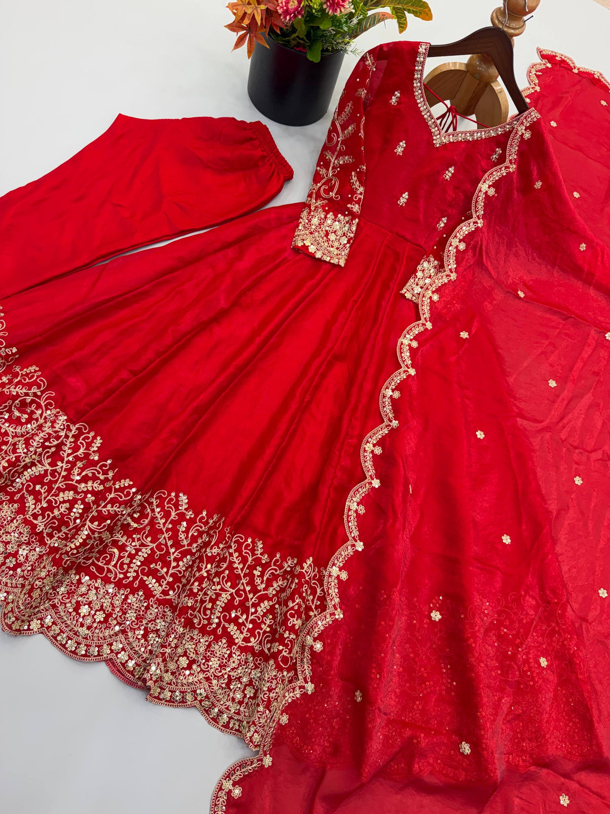 Designer Fendy Silk Embroidery Coding & Sequence Work Red Gown, Pant & Dupatta Set (Copy)