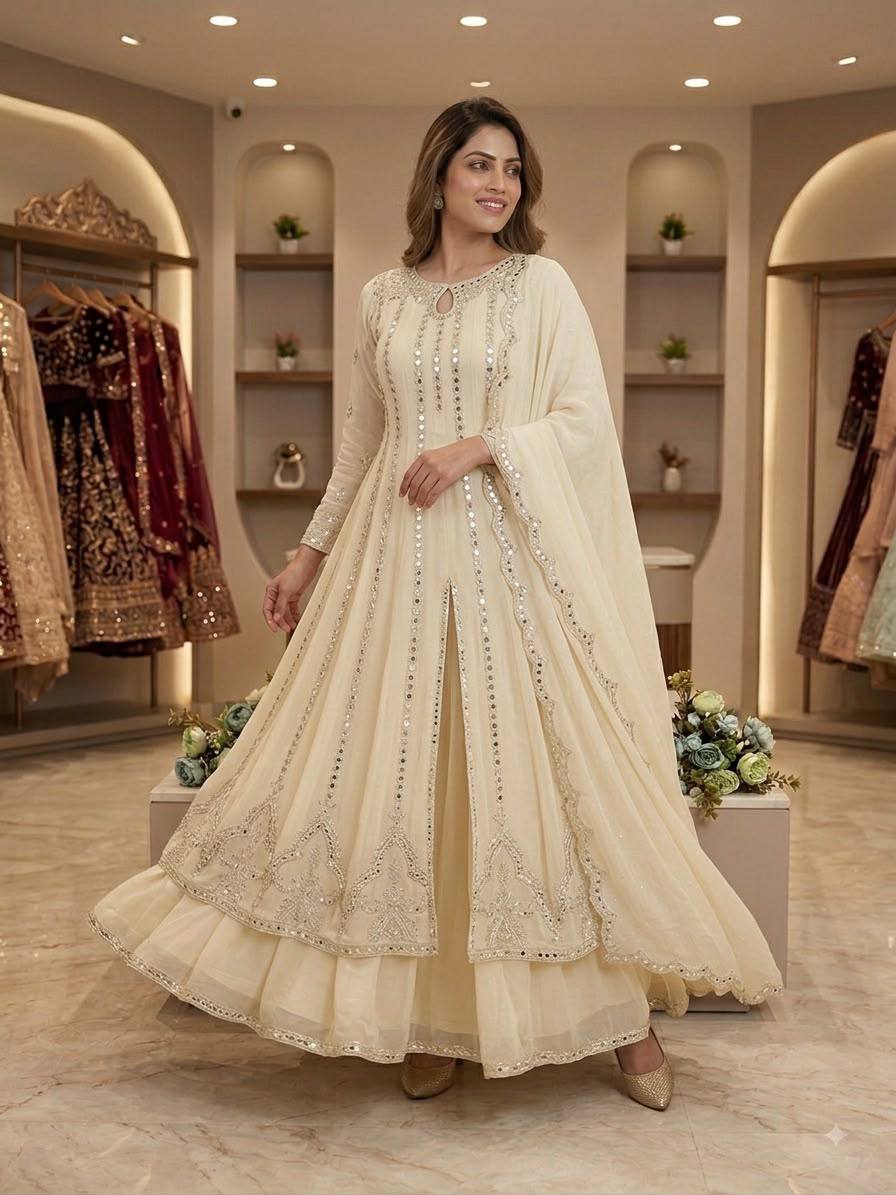 Women's White Georgette Sequence Embroidery & Real Mirror Work 3-Piece Gown Set